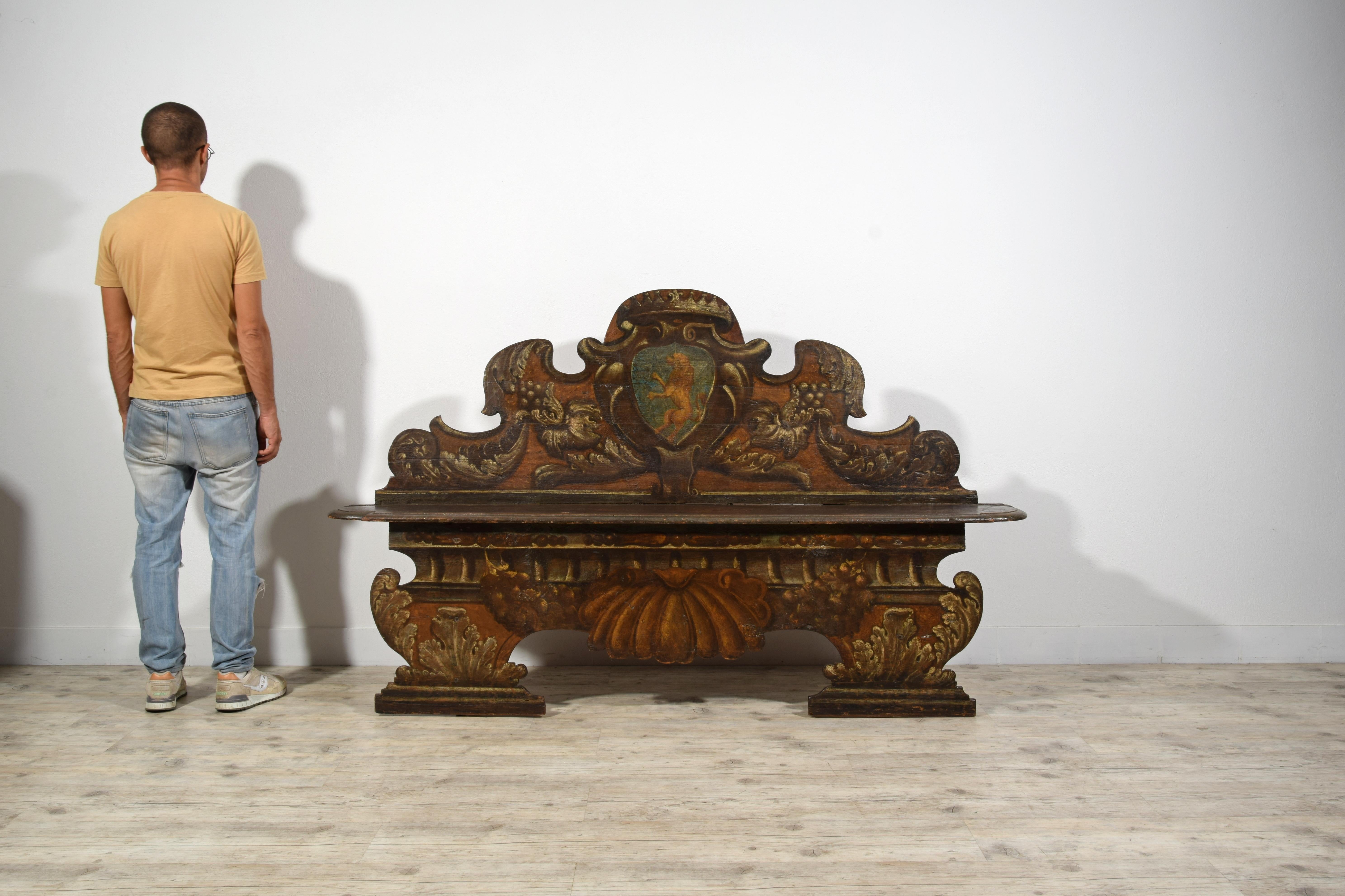 17th century, Italian Baroque Lacquered Wood Bench  8