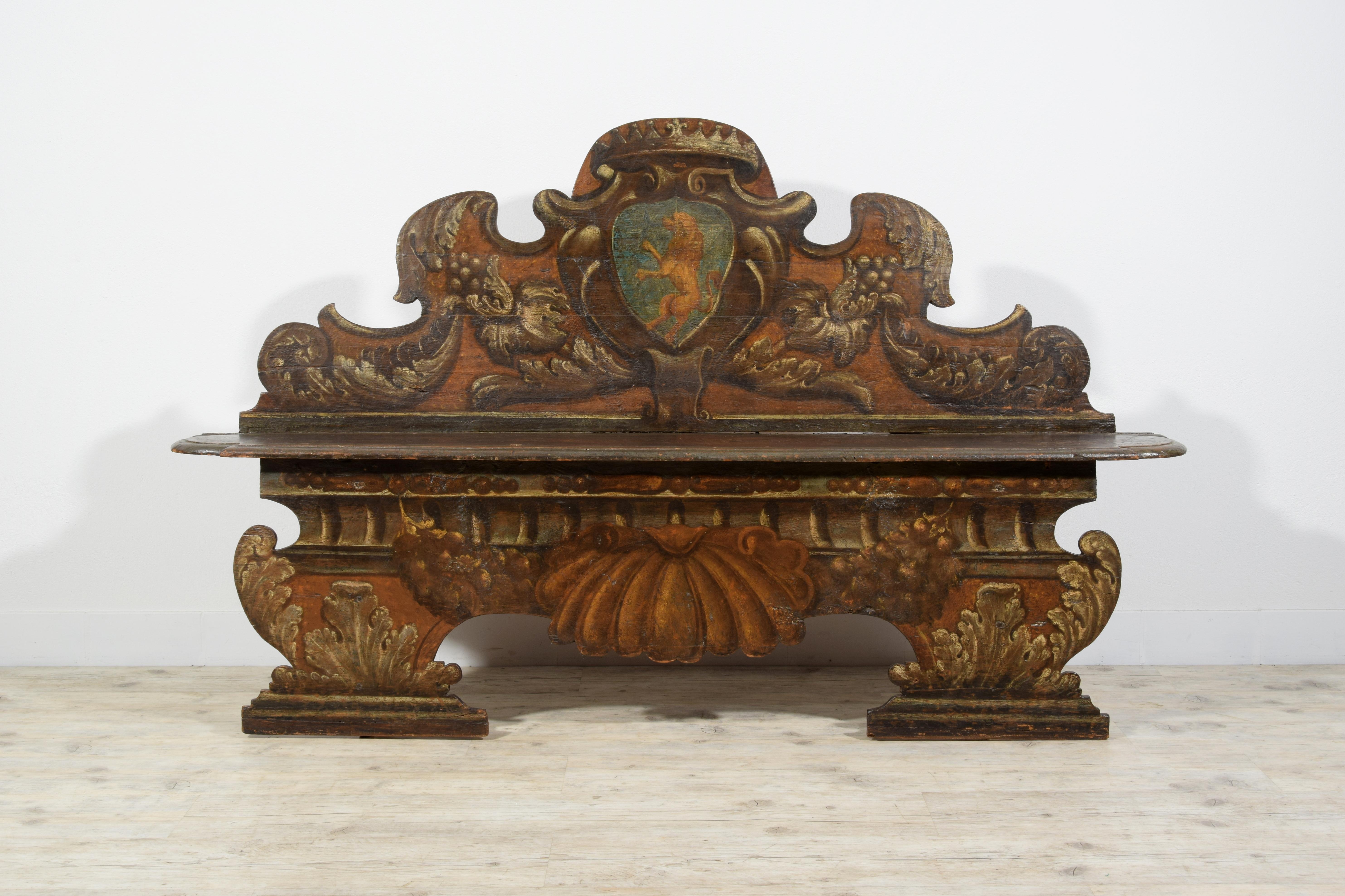 17th century, Italian Baroque Lacquered Wood Bench  13