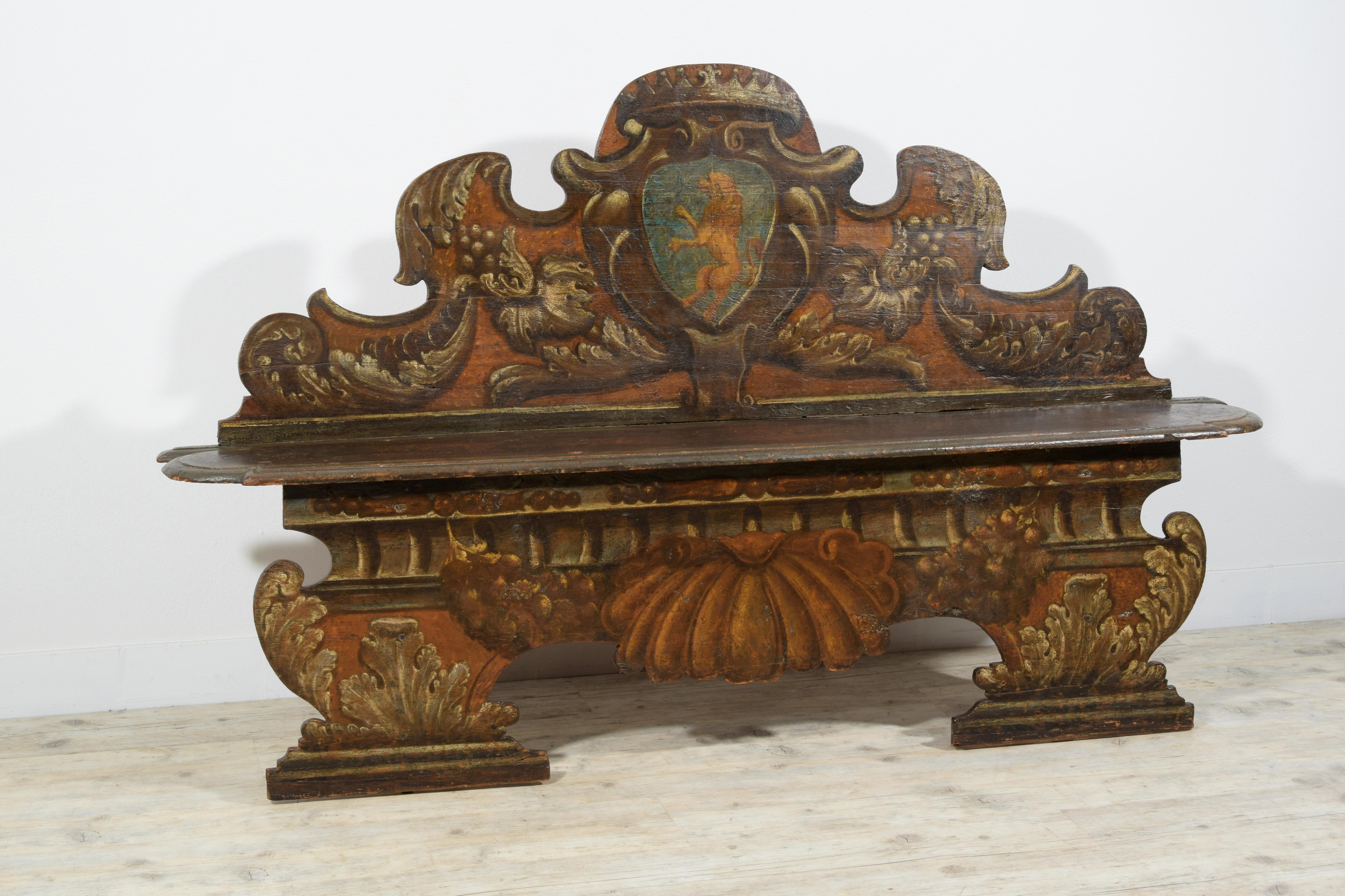 17th century, Italian Baroque Lacquered Wood Bench  1