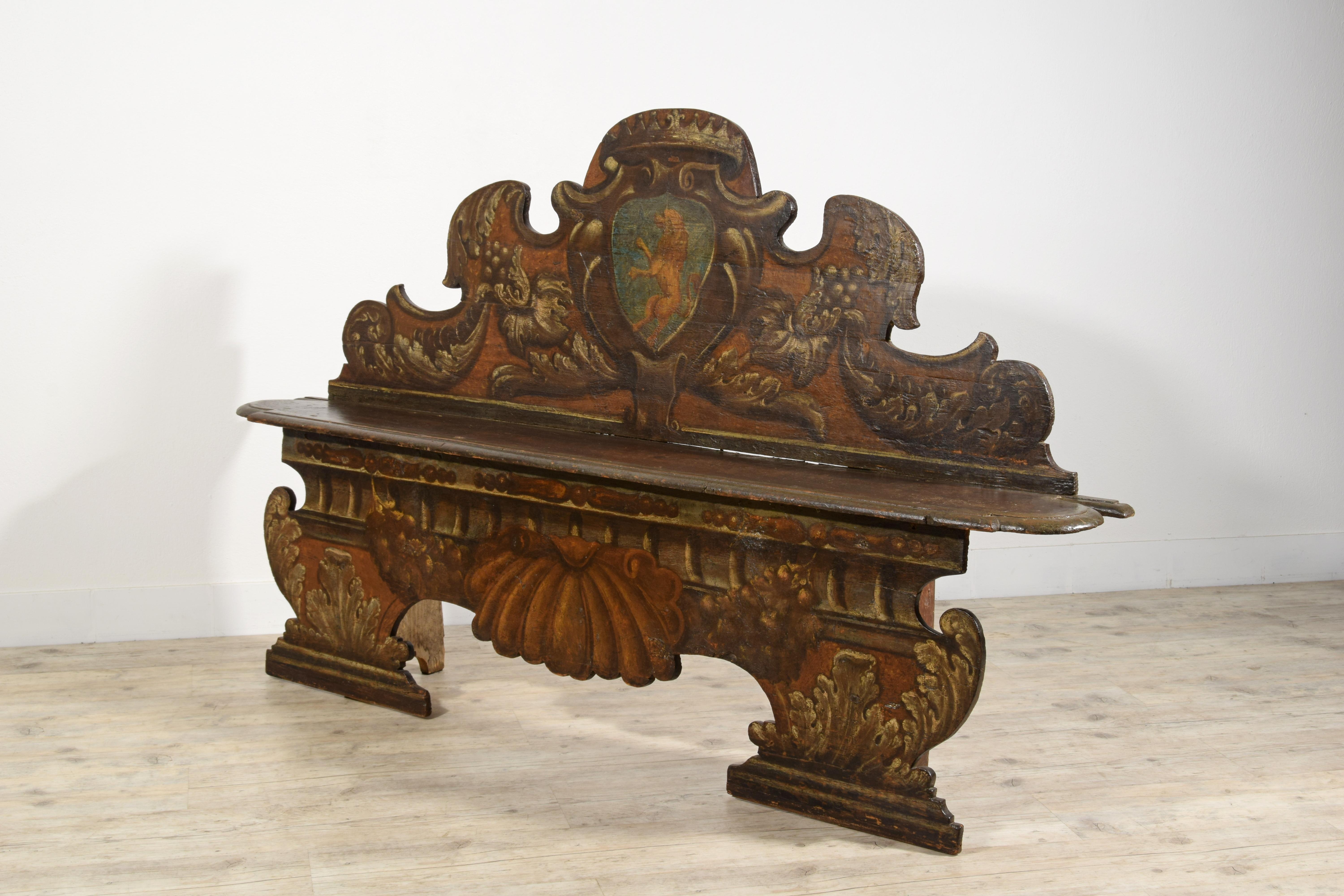 17th century, Italian Baroque Lacquered Wood Bench  4