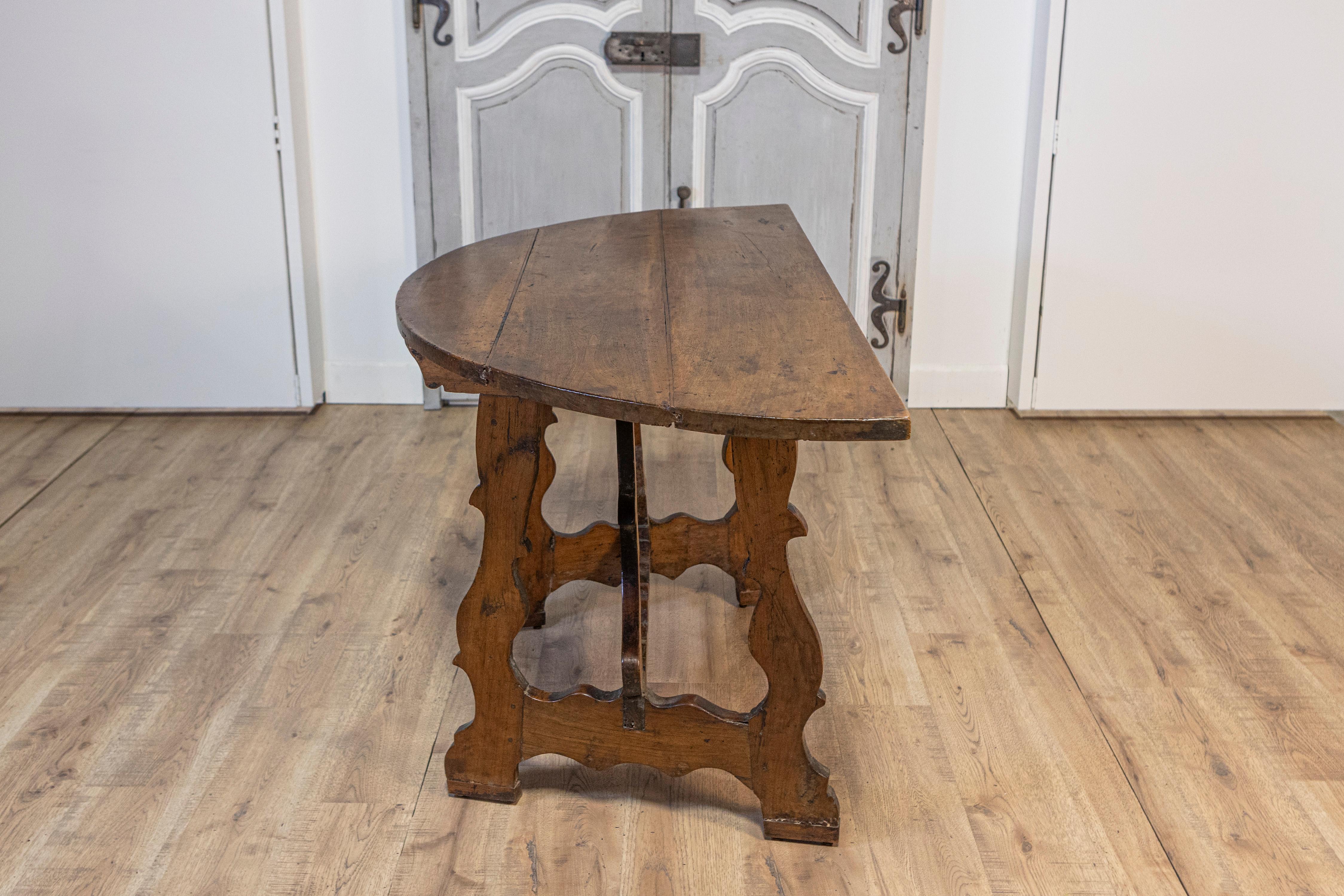 17th Century Italian Baroque Period Walnut Demilune Table with Carved Lyre Base For Sale 12