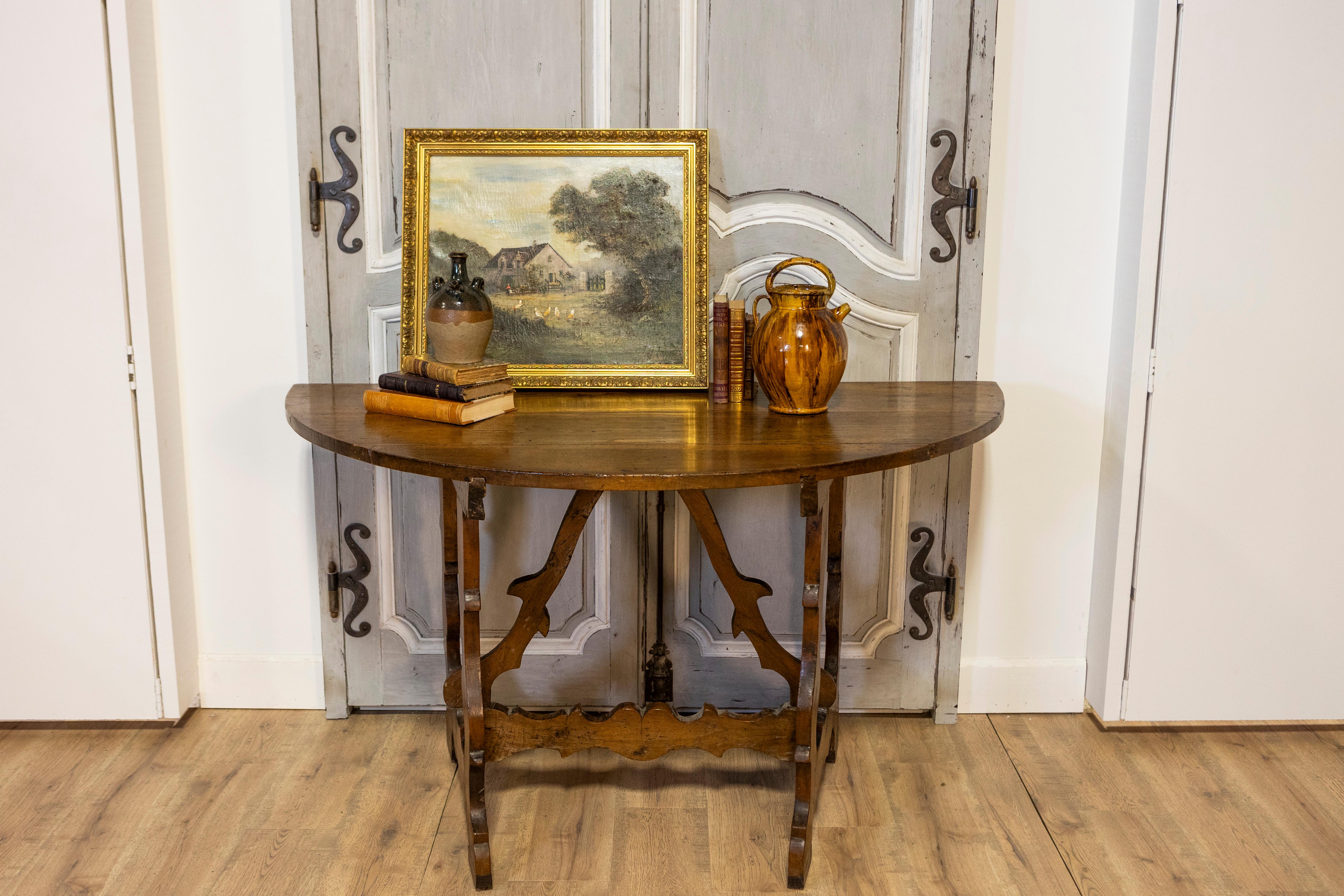 17th Century Italian Baroque Period Walnut Demilune Table with Carved Lyre Base For Sale 13