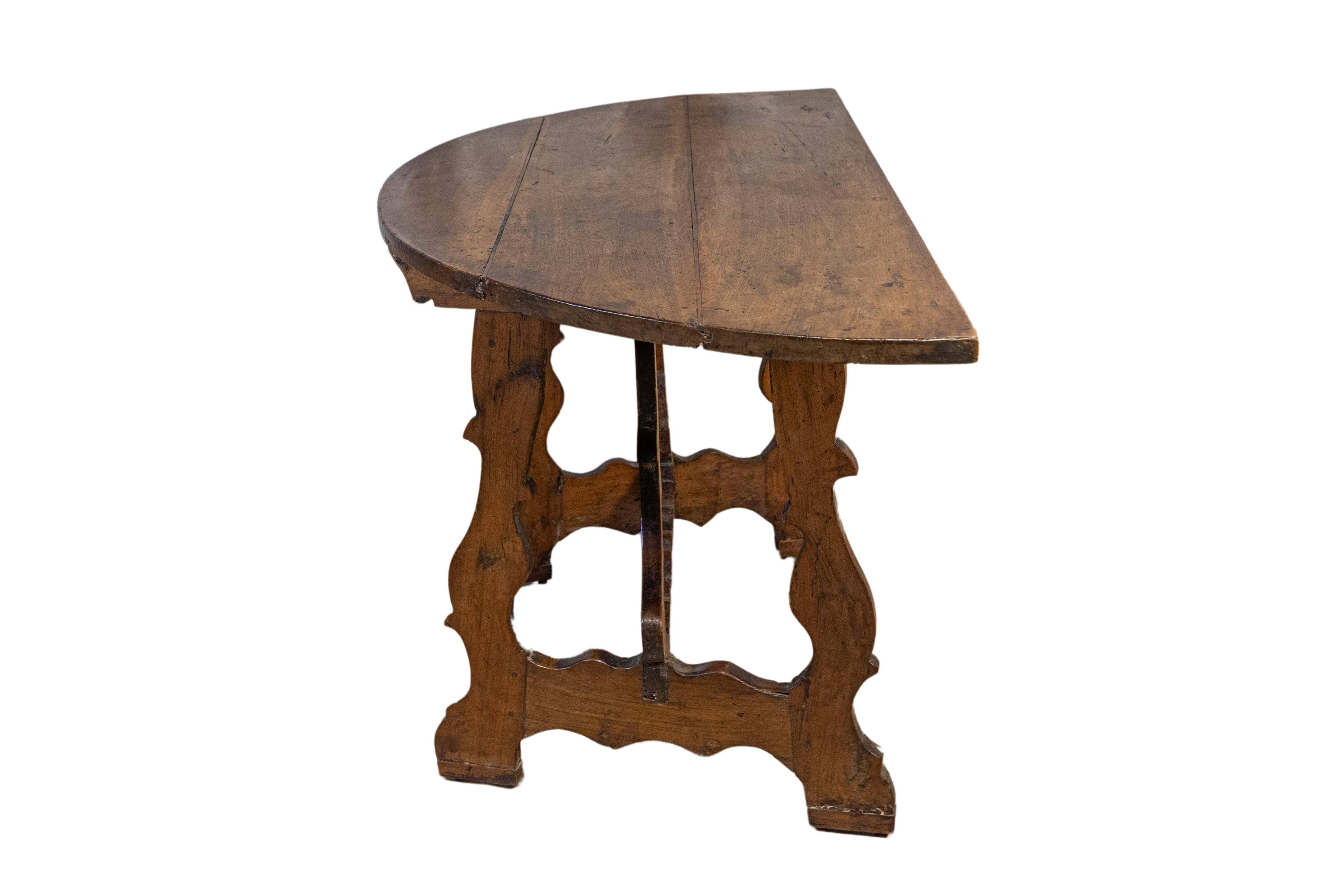 Hand-Carved 17th Century Italian Baroque Period Walnut Demilune Table with Carved Lyre Base For Sale