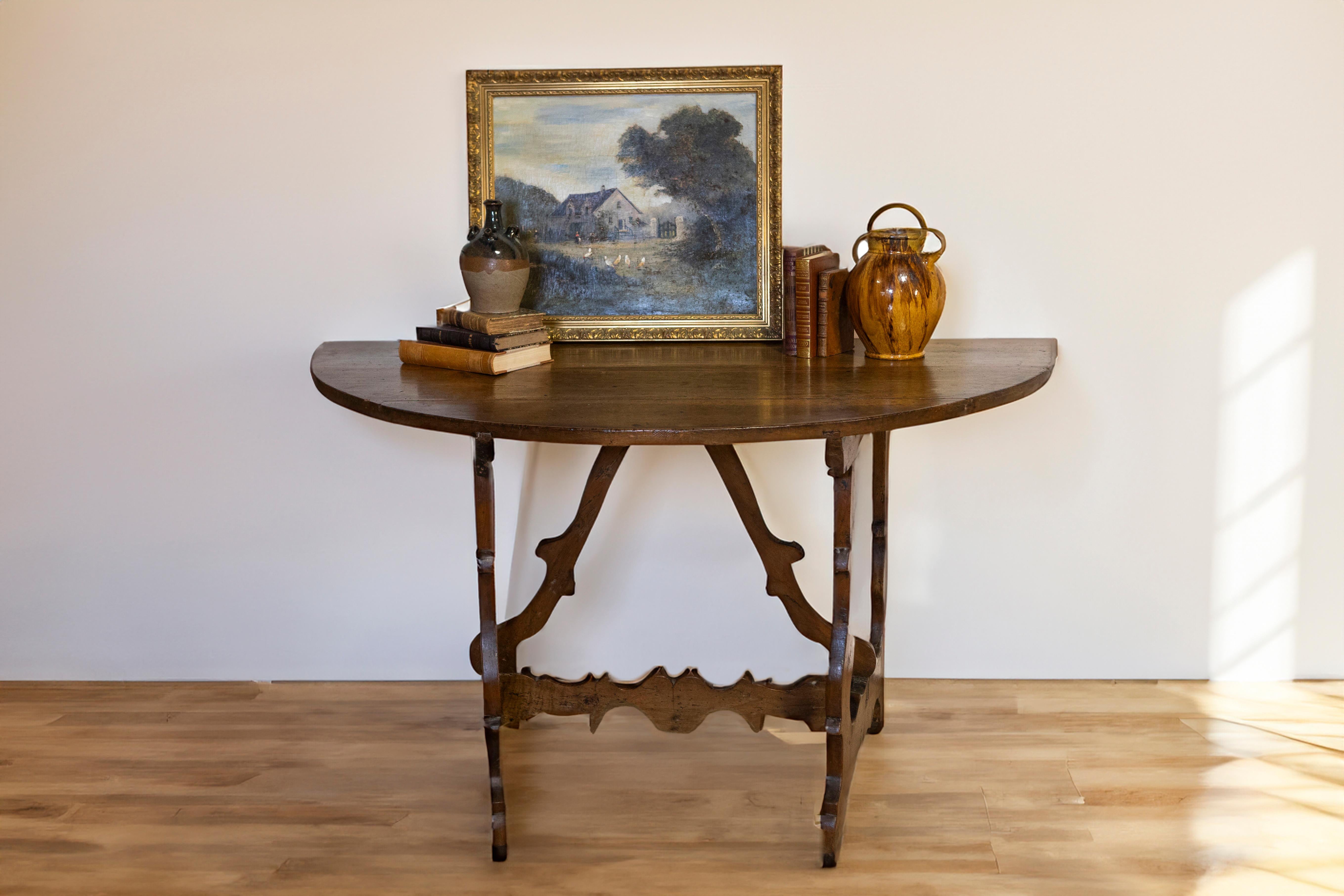 17th Century Italian Baroque Period Walnut Demilune Table with Carved Lyre Base For Sale 1