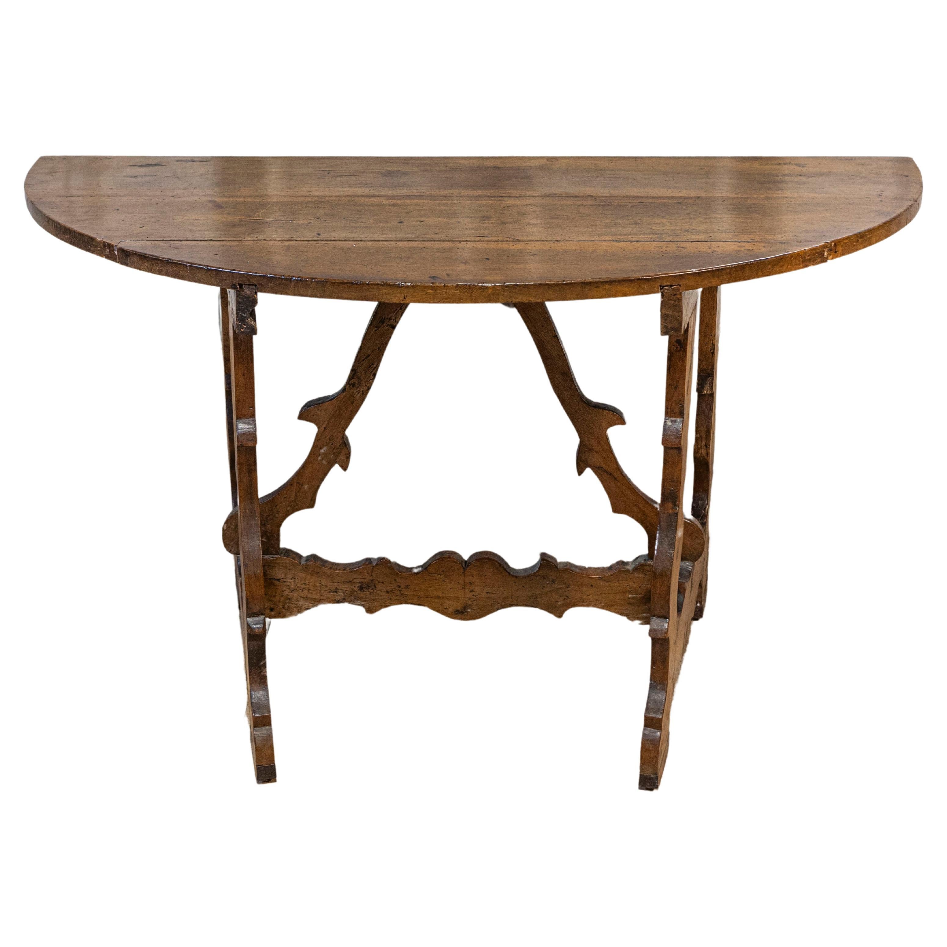 17th Century Italian Baroque Period Walnut Demilune Table with Carved Lyre Base For Sale