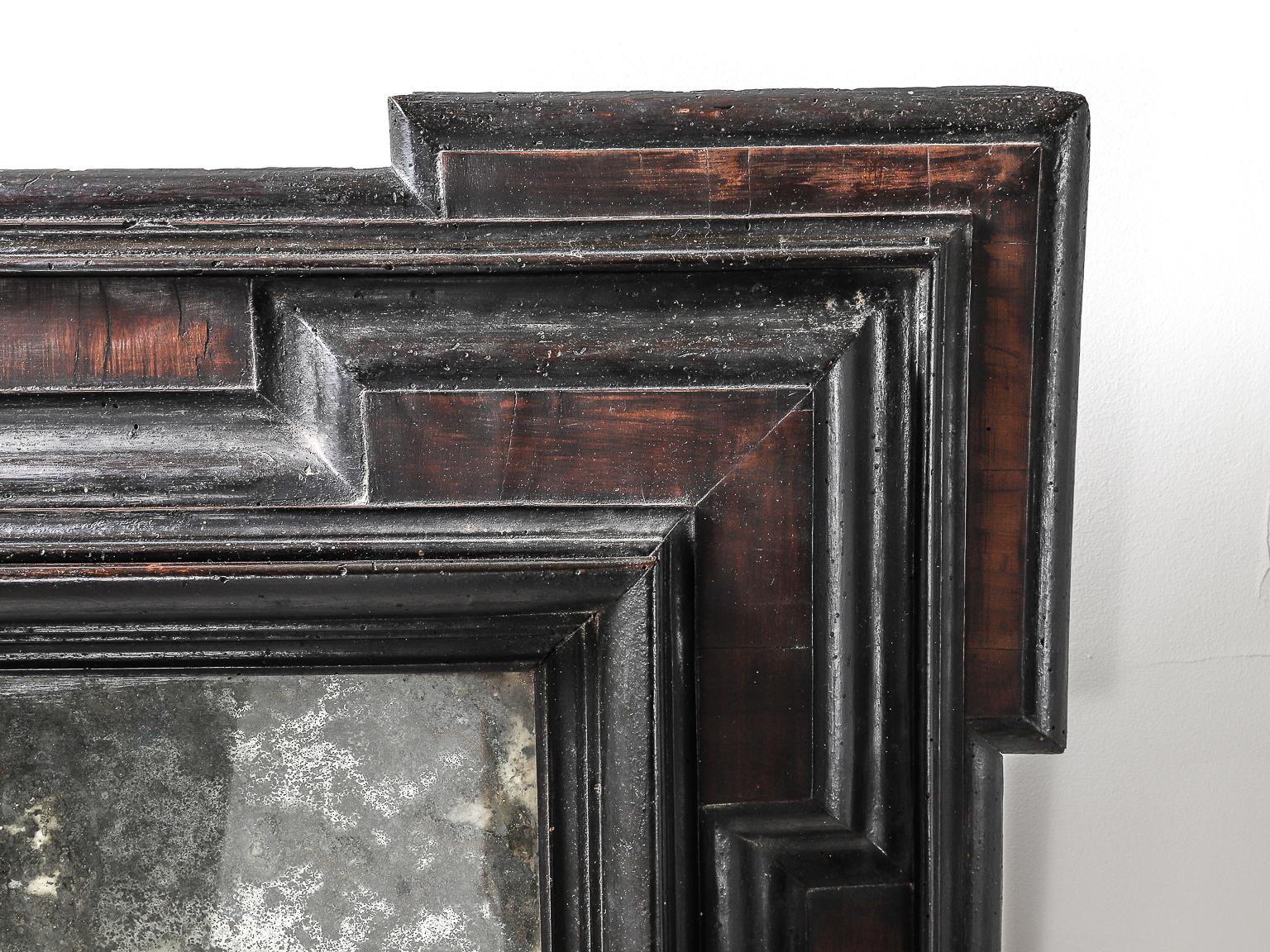 17th Century Dutch Baroque Walnut and Ebonized Mirror In Distressed Condition In London, Charterhouse Square