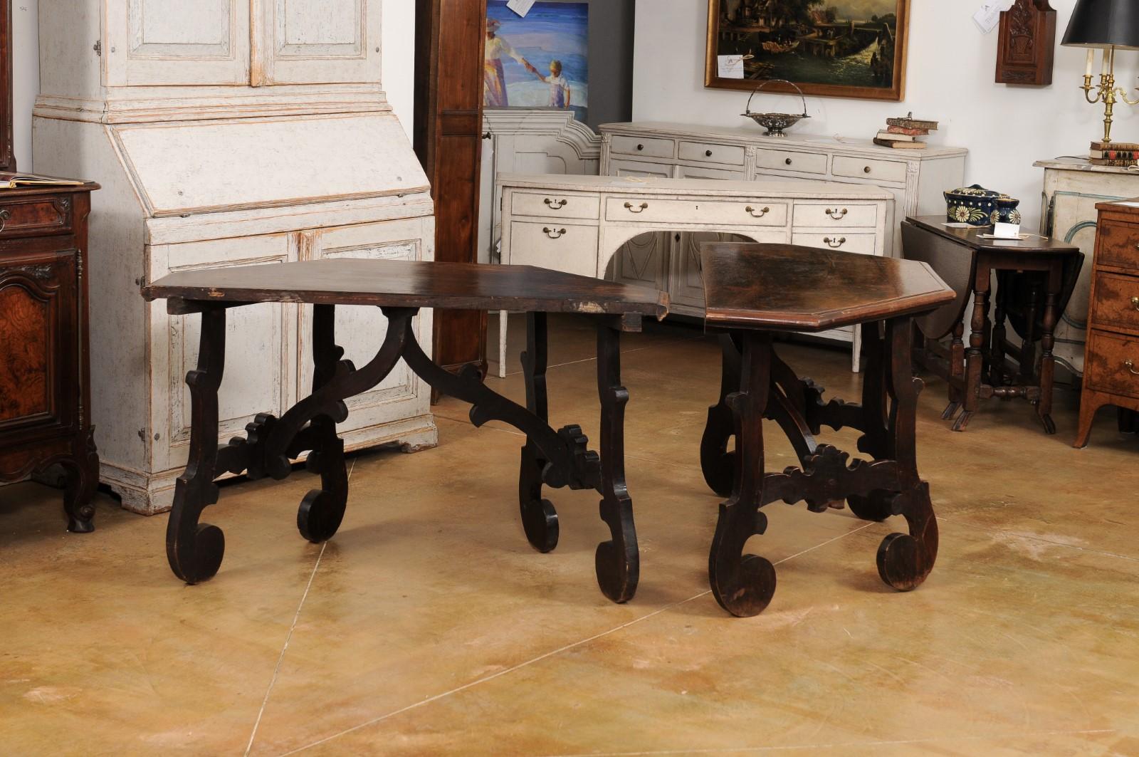 17th Century Italian Baroque Walnut Fratino Consoles with Carved Bases, a Pair For Sale 4