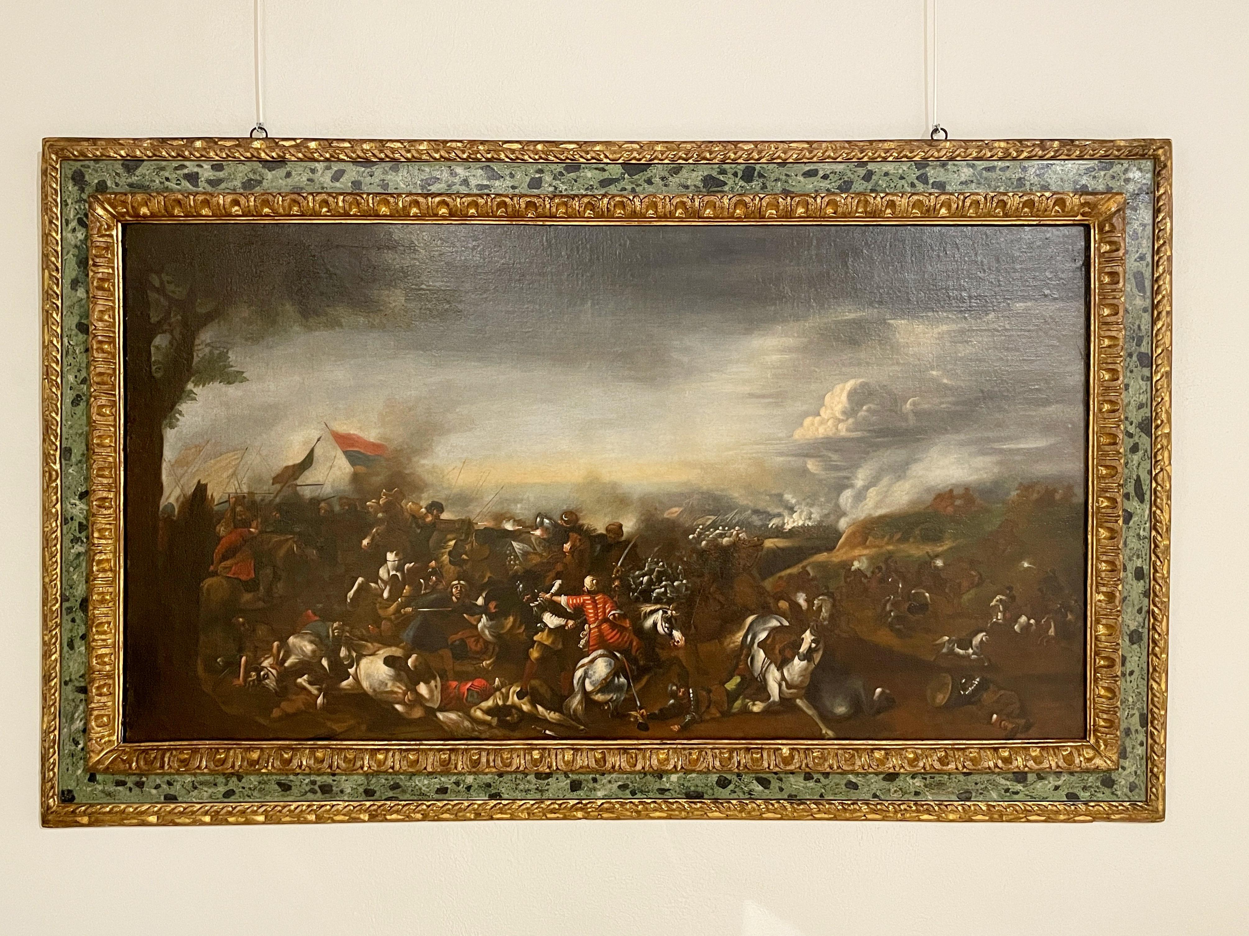 17th century, Italian battle between Turks and Christians

Oil on canvas - Measurements: with frame, cm H 110 x W 180 x D 5; only the canvas, cm H 83 x W 155

The painting, characteristic of the Italian Baroque tradition, depicts a bloody battle