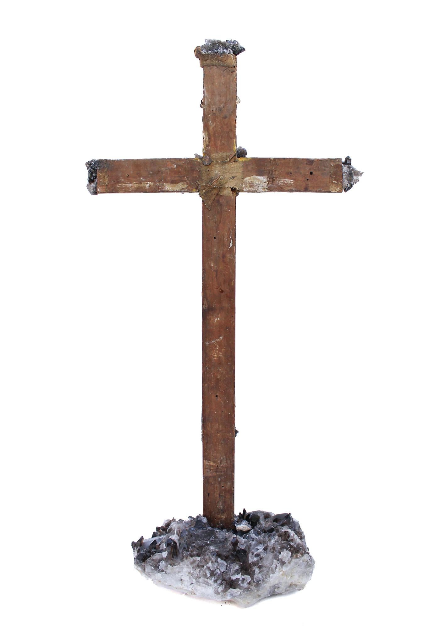 18th Century and Earlier 17th Century Italian Black Cross with Black Crystal Quartz on a Crystal Cluster