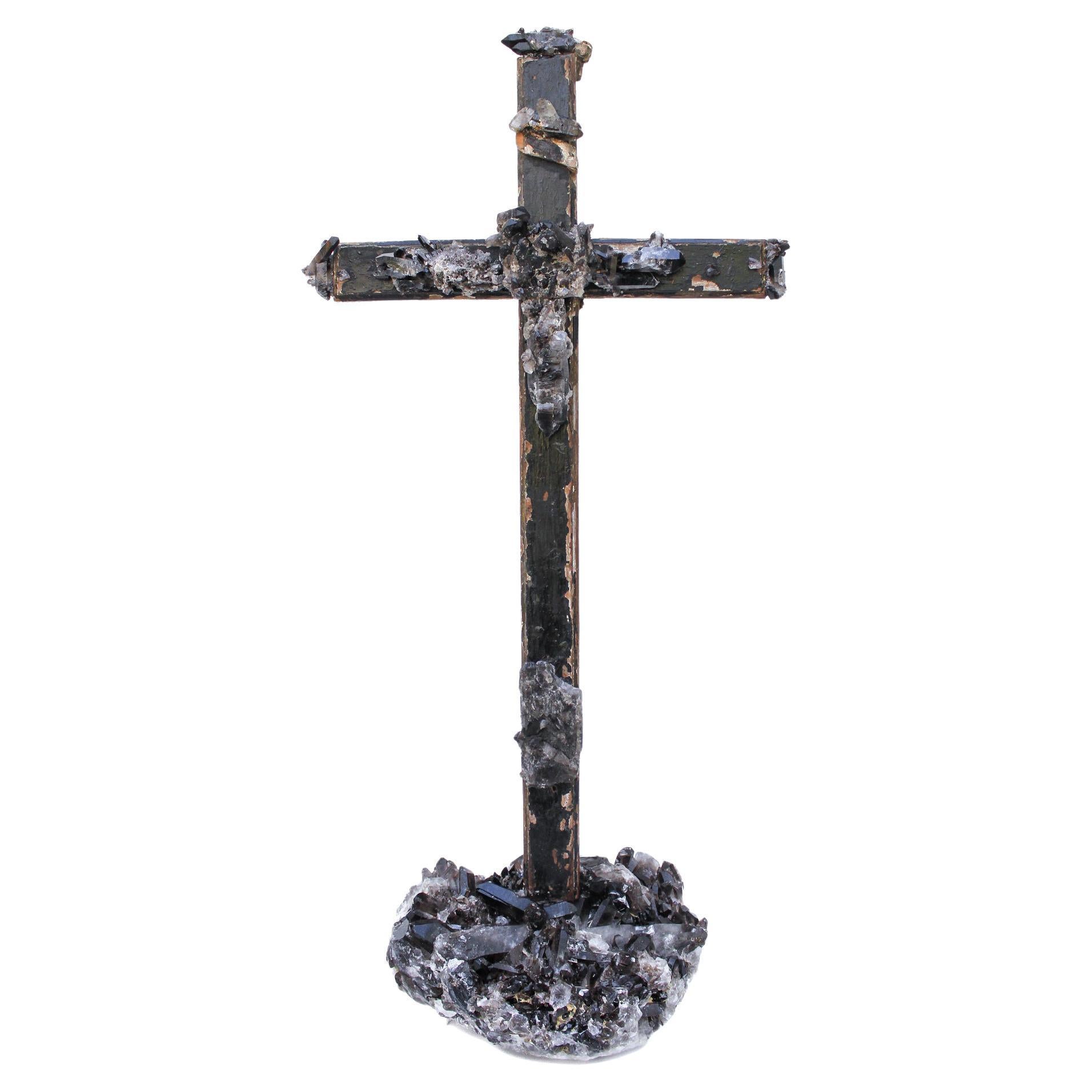 17th Century Italian Black Cross with Black Crystal Quartz on a Crystal Cluster