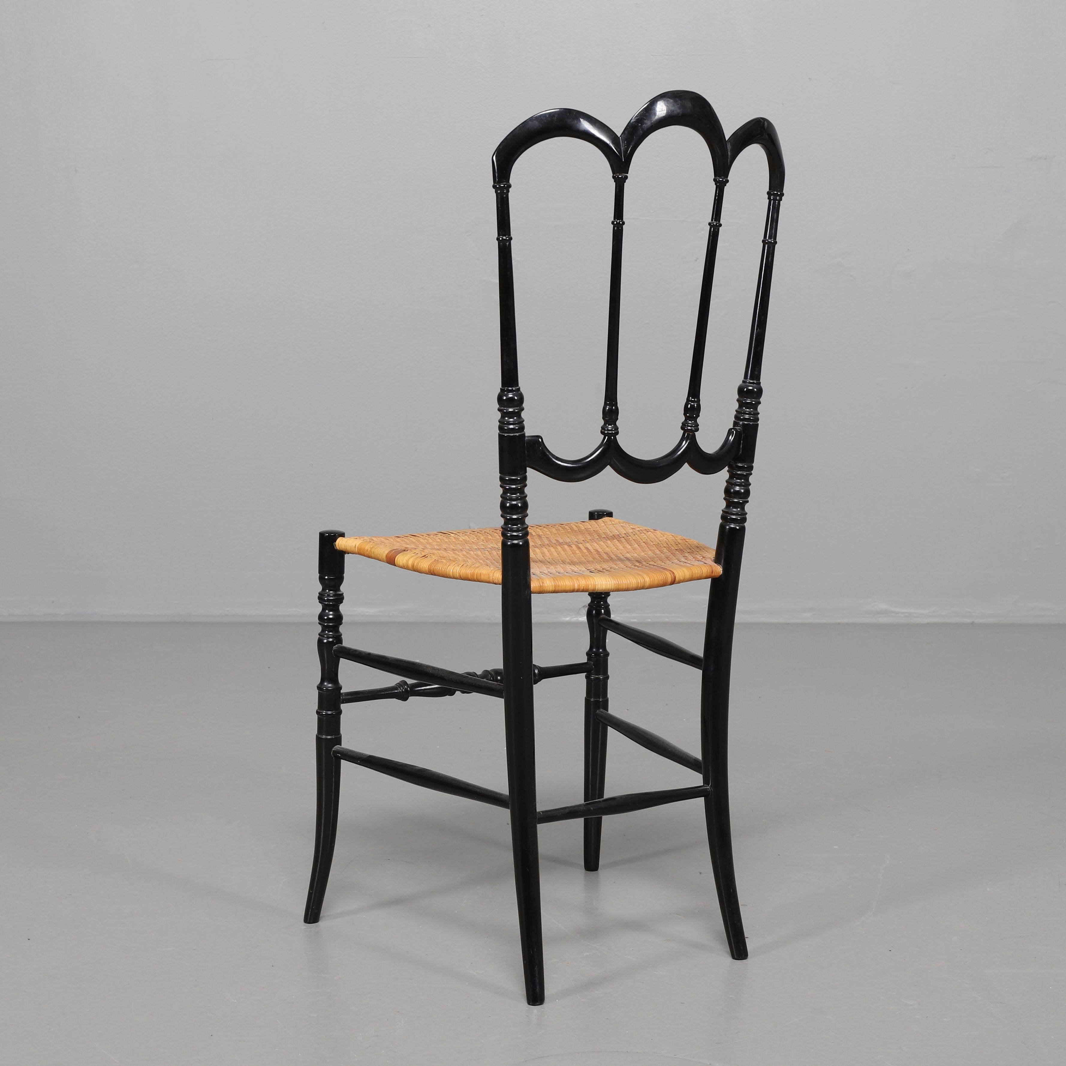 Empire 17th Century Italian Black Lacquered Herringbone Cane Seat Chiavari Chair For Sale