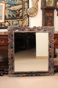 17th Century Italian Blue & Red Painted Carved Frame with Late Mirror Plate
