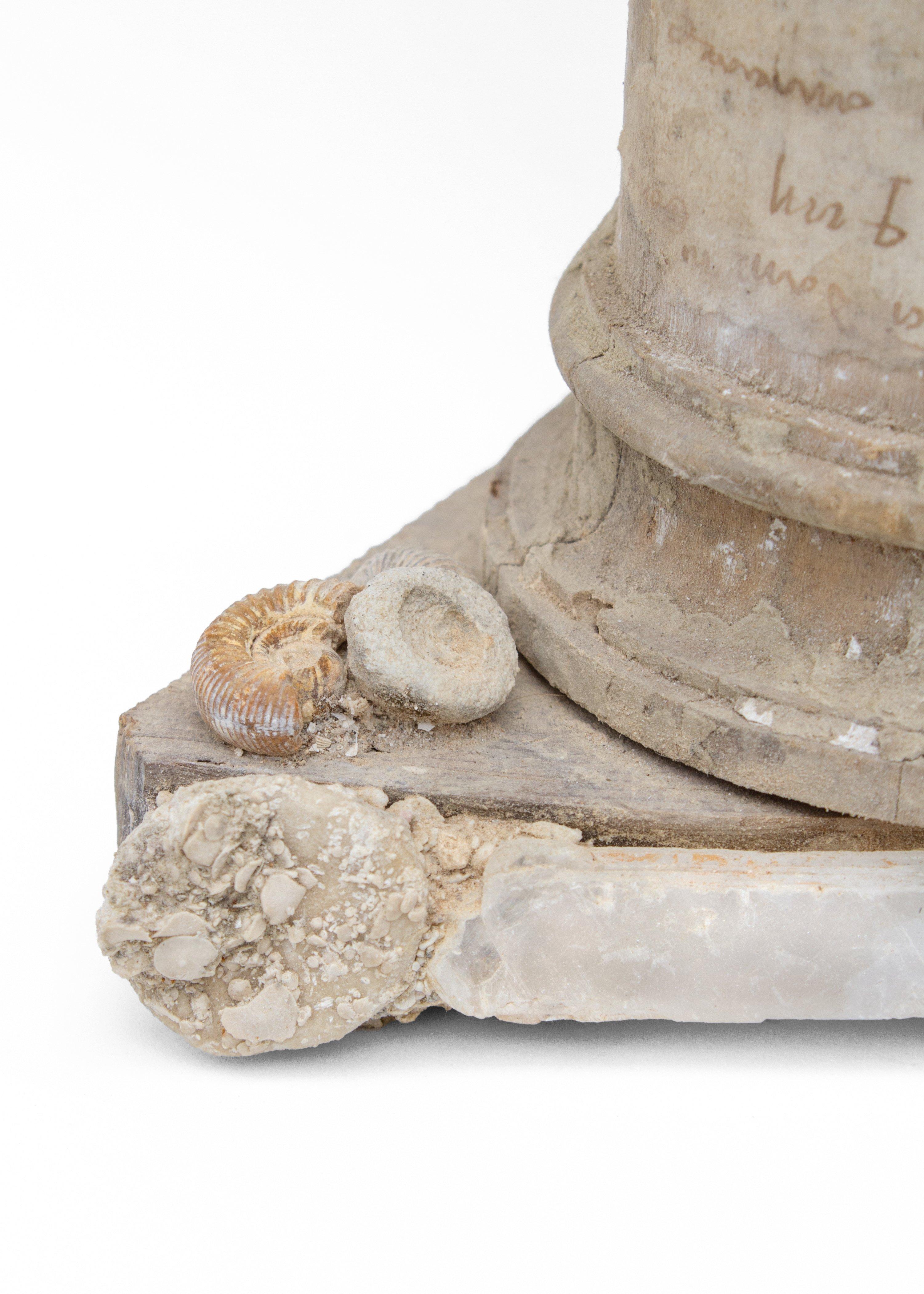 17th century Italian candlestick base decorated with a selenite blade, and various fossil shells, sea urchins, and ammonites. It has hand-written inscriptions on the base. This fragment is from a church in Florence. It was found and saved from the