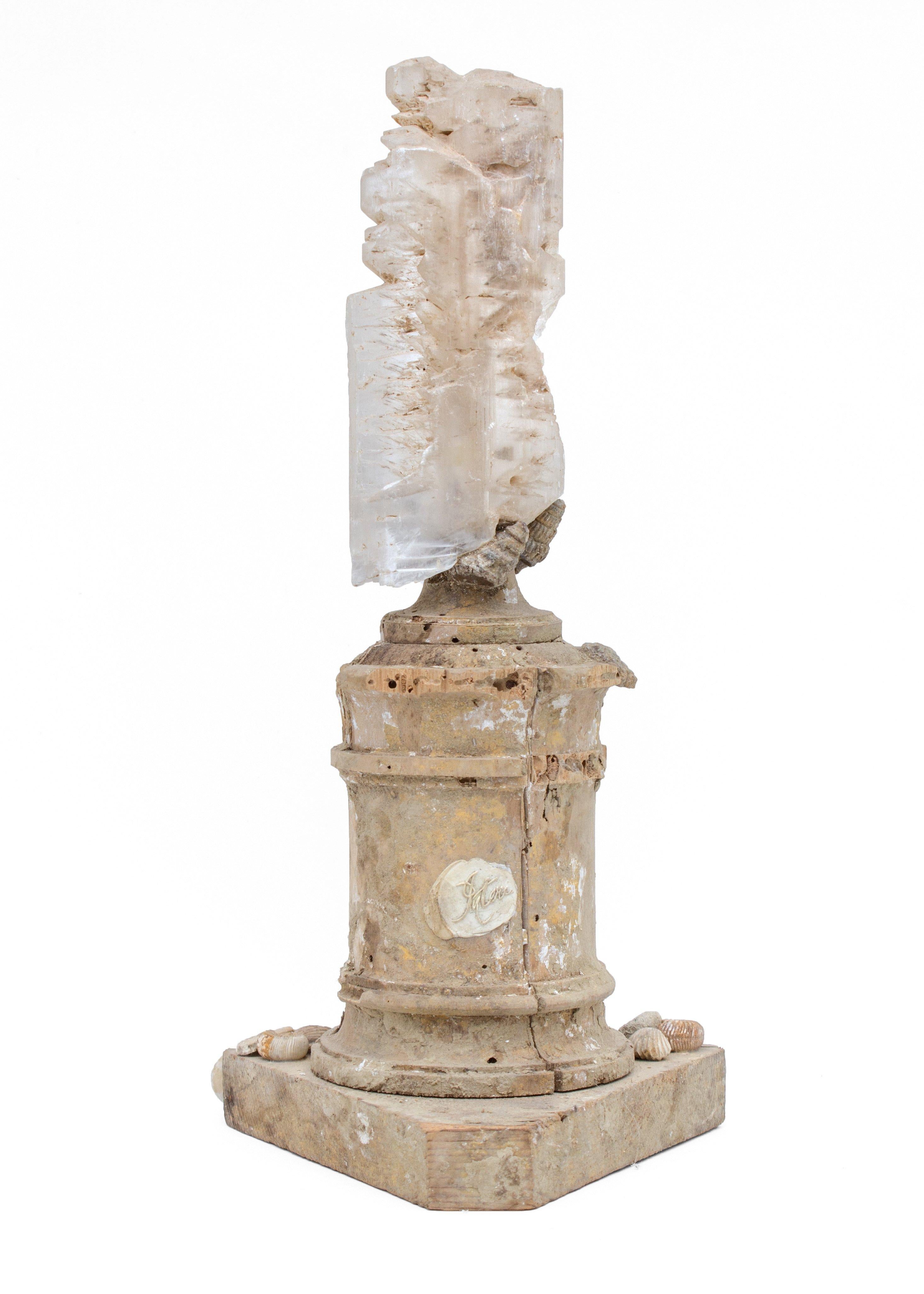 Hand-Carved 17th Century Italian Candlestick Base with a Selenite Blade and Fossil Shells