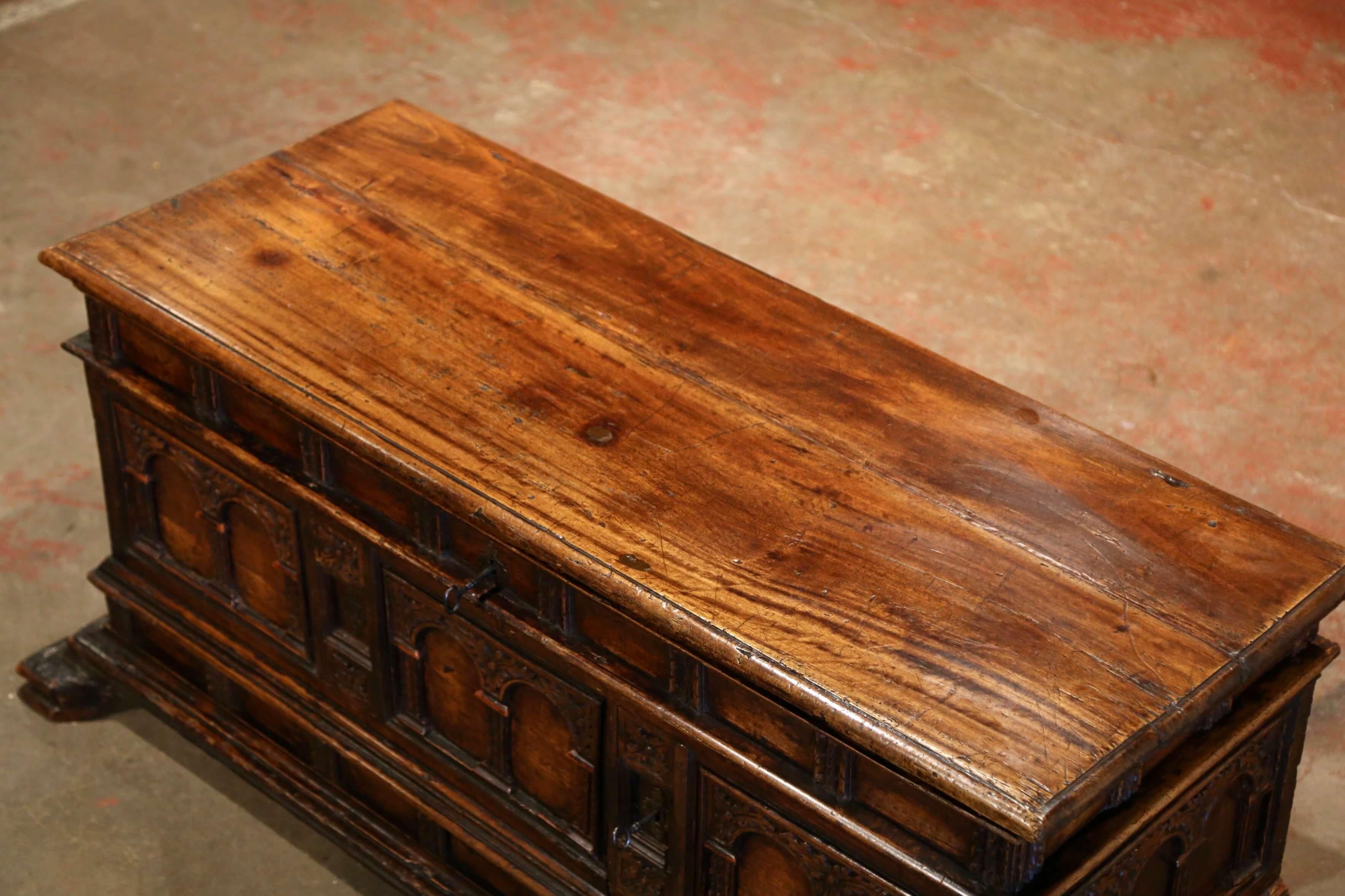 Gothic 17th Century Italian Carved Cassone Trunk with Drawers and Inside Carved Panel For Sale