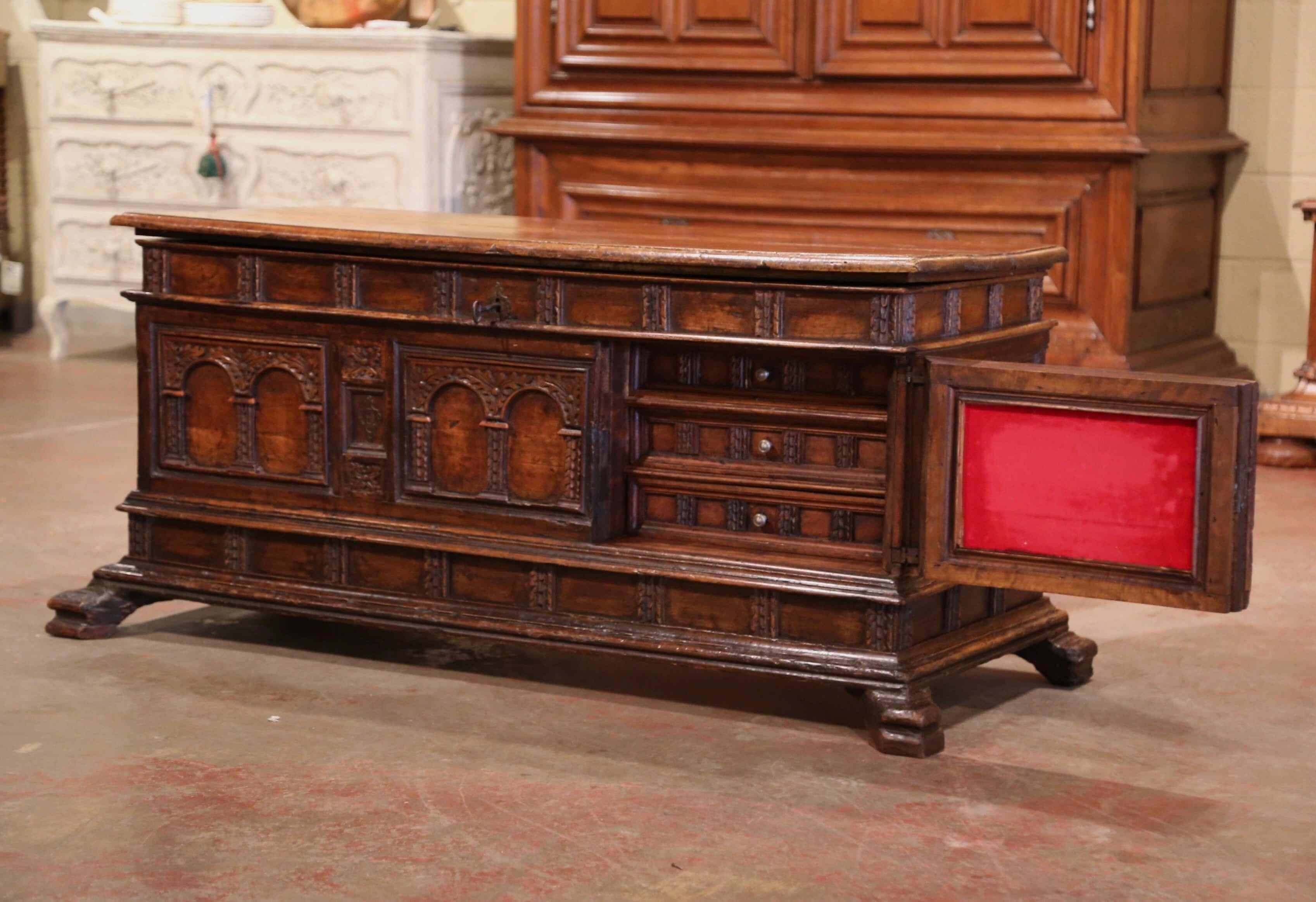 Hand-Carved 17th Century Italian Carved Cassone Trunk with Drawers and Inside Carved Panel For Sale