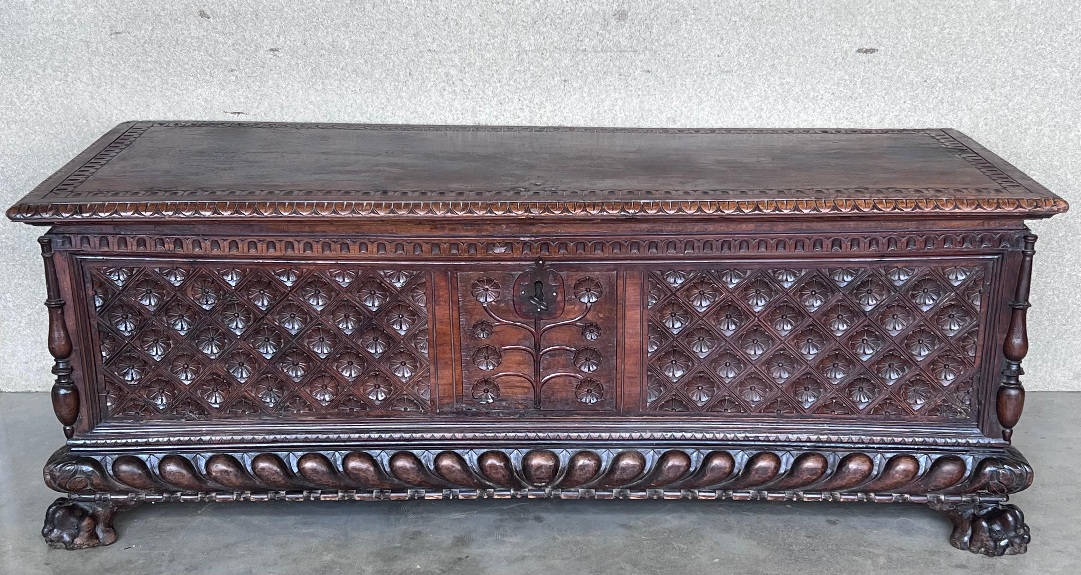 Baroque 17th Century Italian Carved Cassone Trunk with Original Hardware For Sale