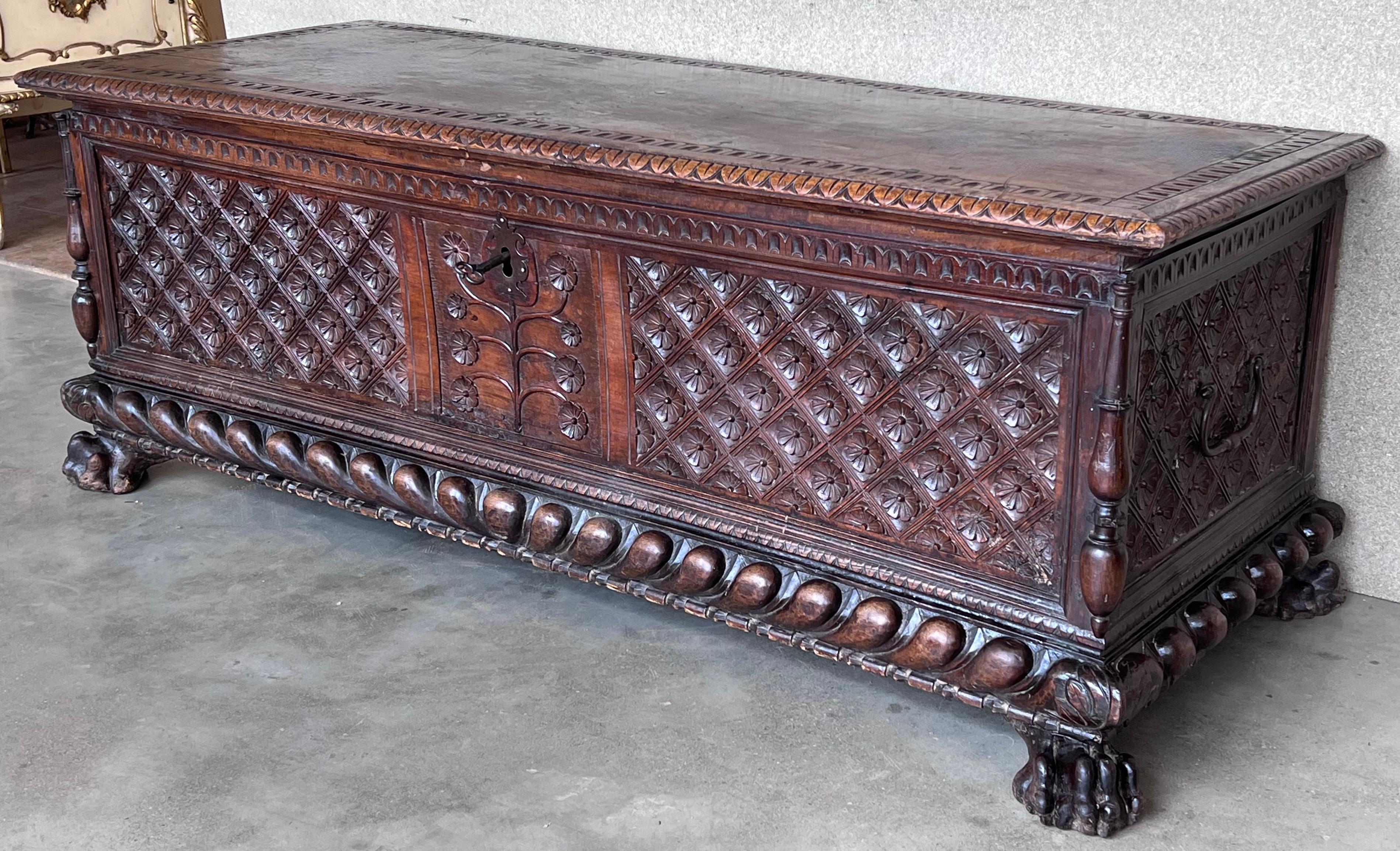 Spanish 17th Century Italian Carved Cassone Trunk with Original Hardware For Sale