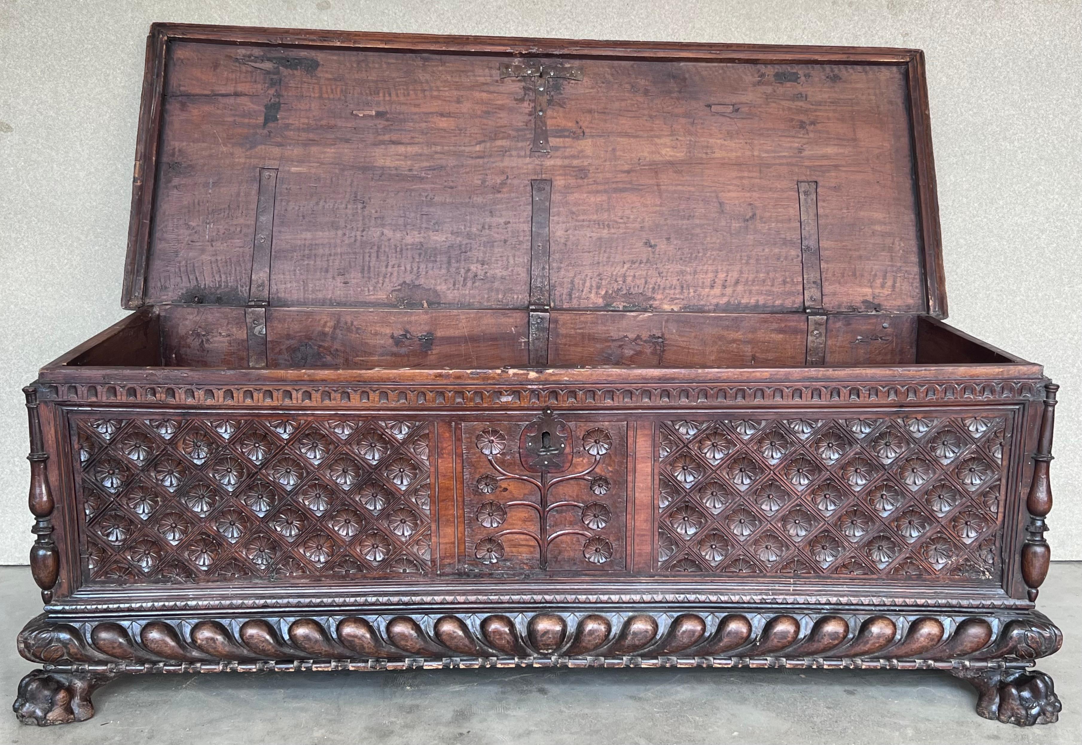 18th Century and Earlier 17th Century Italian Carved Cassone Trunk with Original Hardware For Sale
