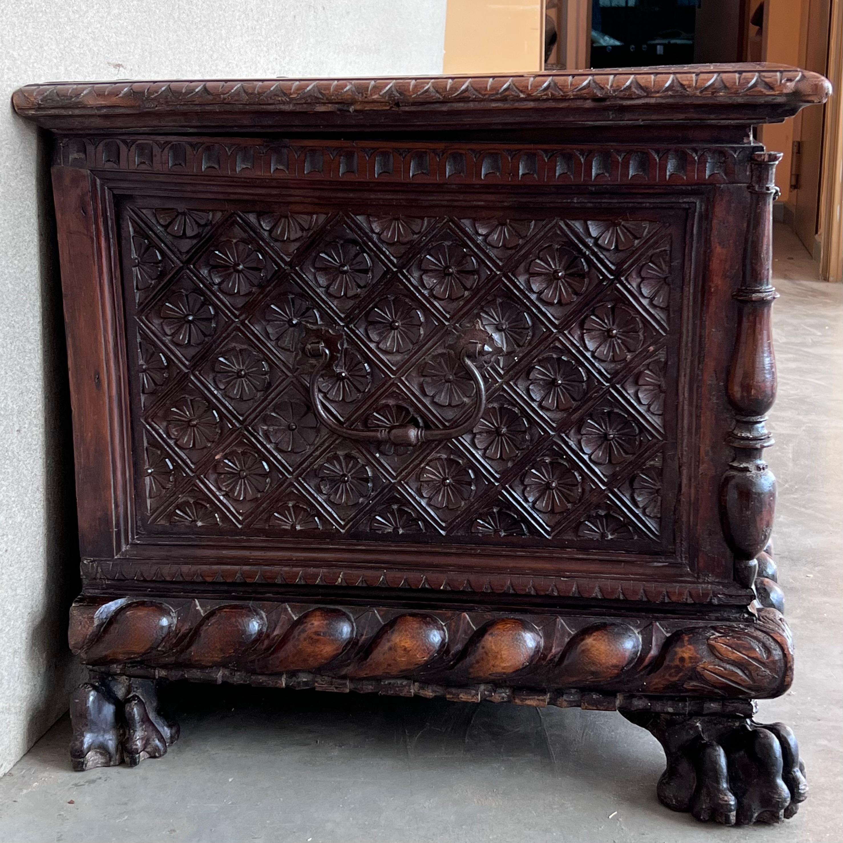 Iron 17th Century Italian Carved Cassone Trunk with Original Hardware For Sale