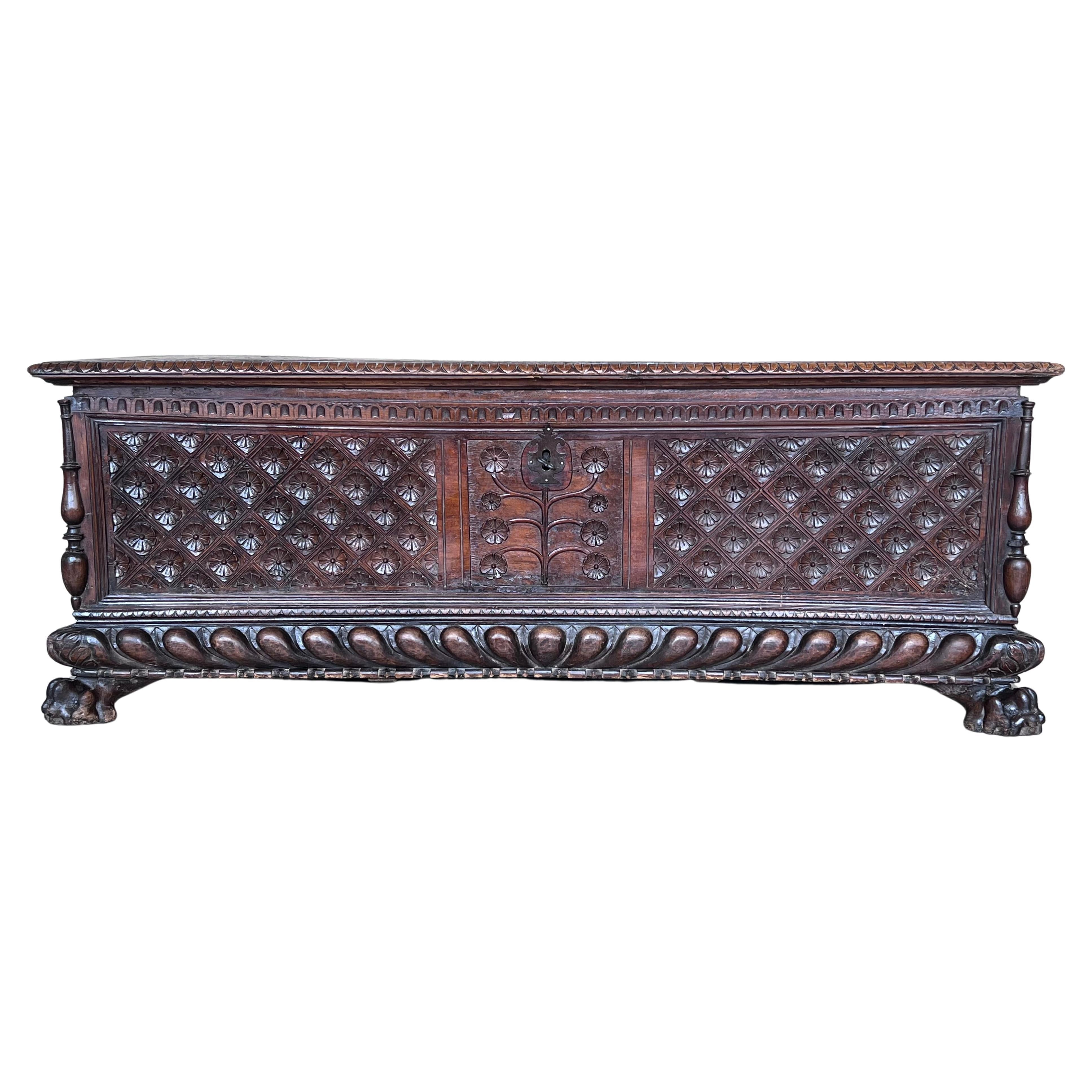 17th Century Italian Carved Cassone Trunk with Original Hardware For Sale