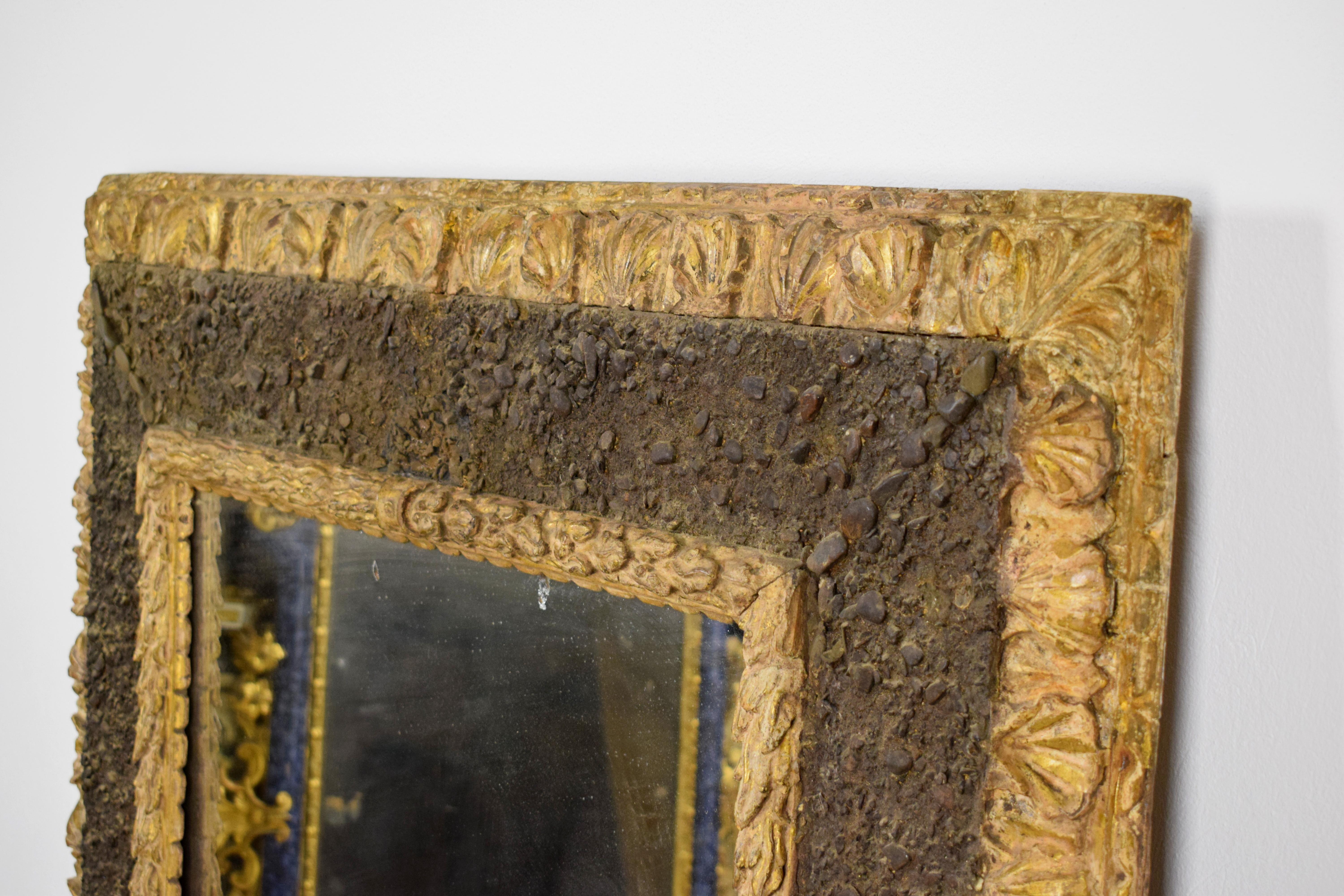 Louis XIV 17th Century, Italian Carved Giltwood Mirror with Small Stones For Sale