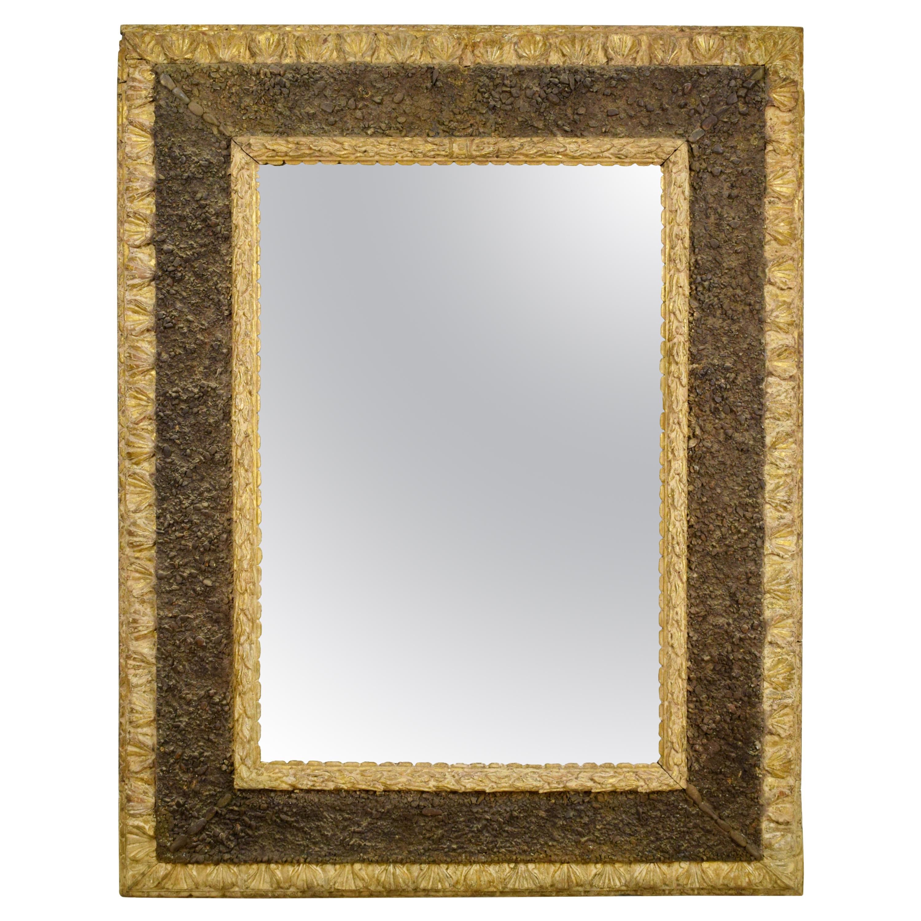 17th Century, Italian Carved Giltwood Mirror with Small Stones For Sale