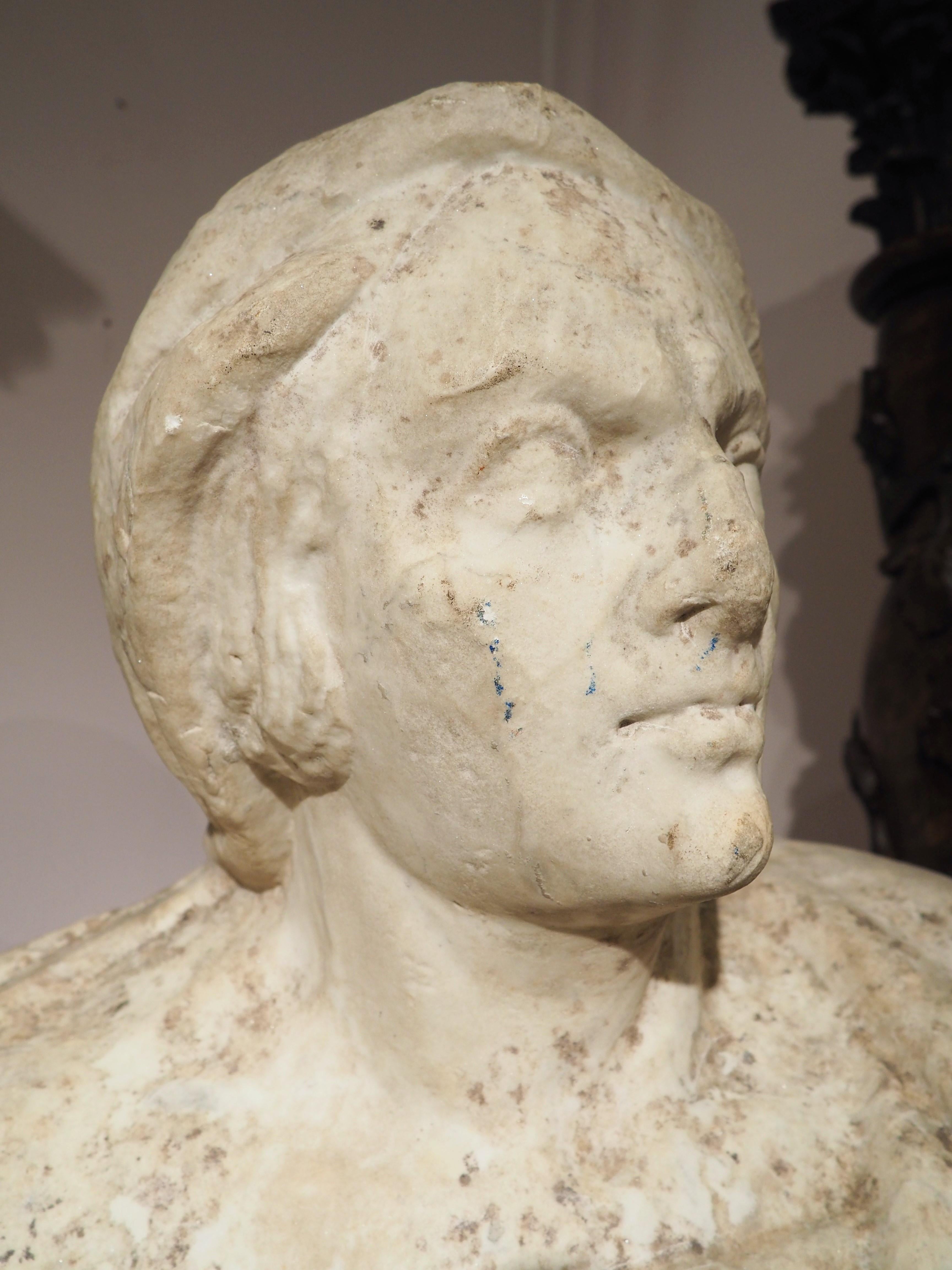 Hand-Carved 17th Century Italian Carved Marble Bust on Iron Stand from the Amalfi Coast For Sale