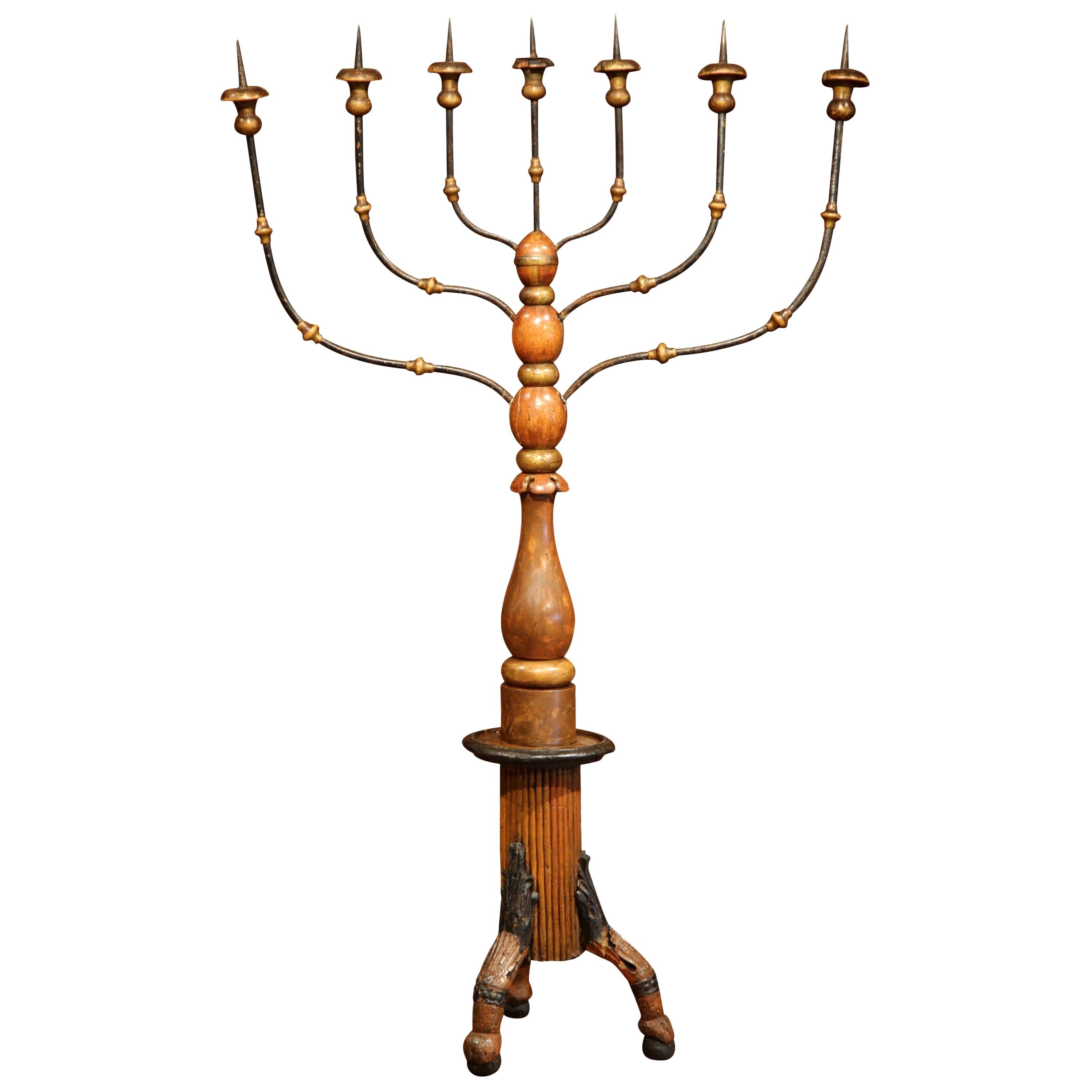 17th Century Italian Carved Painted Seven-Arm Forged Floor Lamp Candelabra For Sale