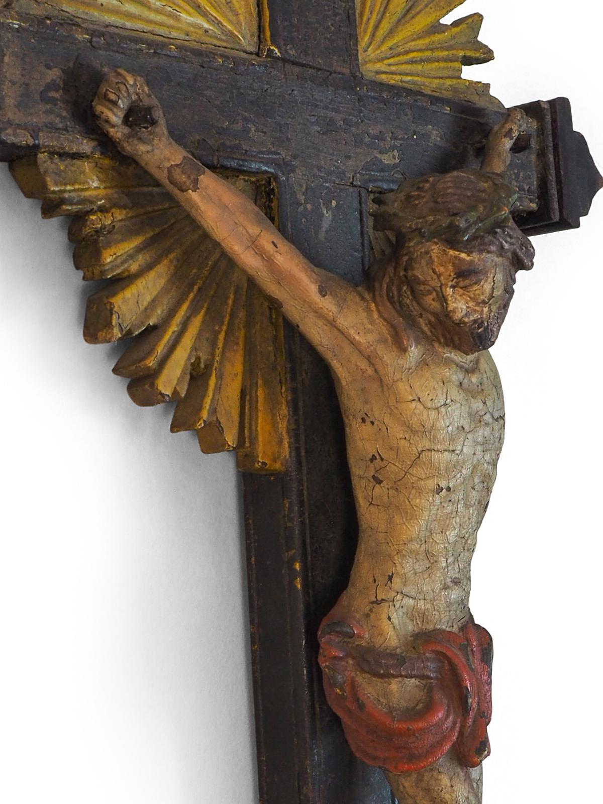 Renaissance 17th Century Italian Carved Wood Polychrome Corpus Christi Starburst Crucifix/Cr For Sale