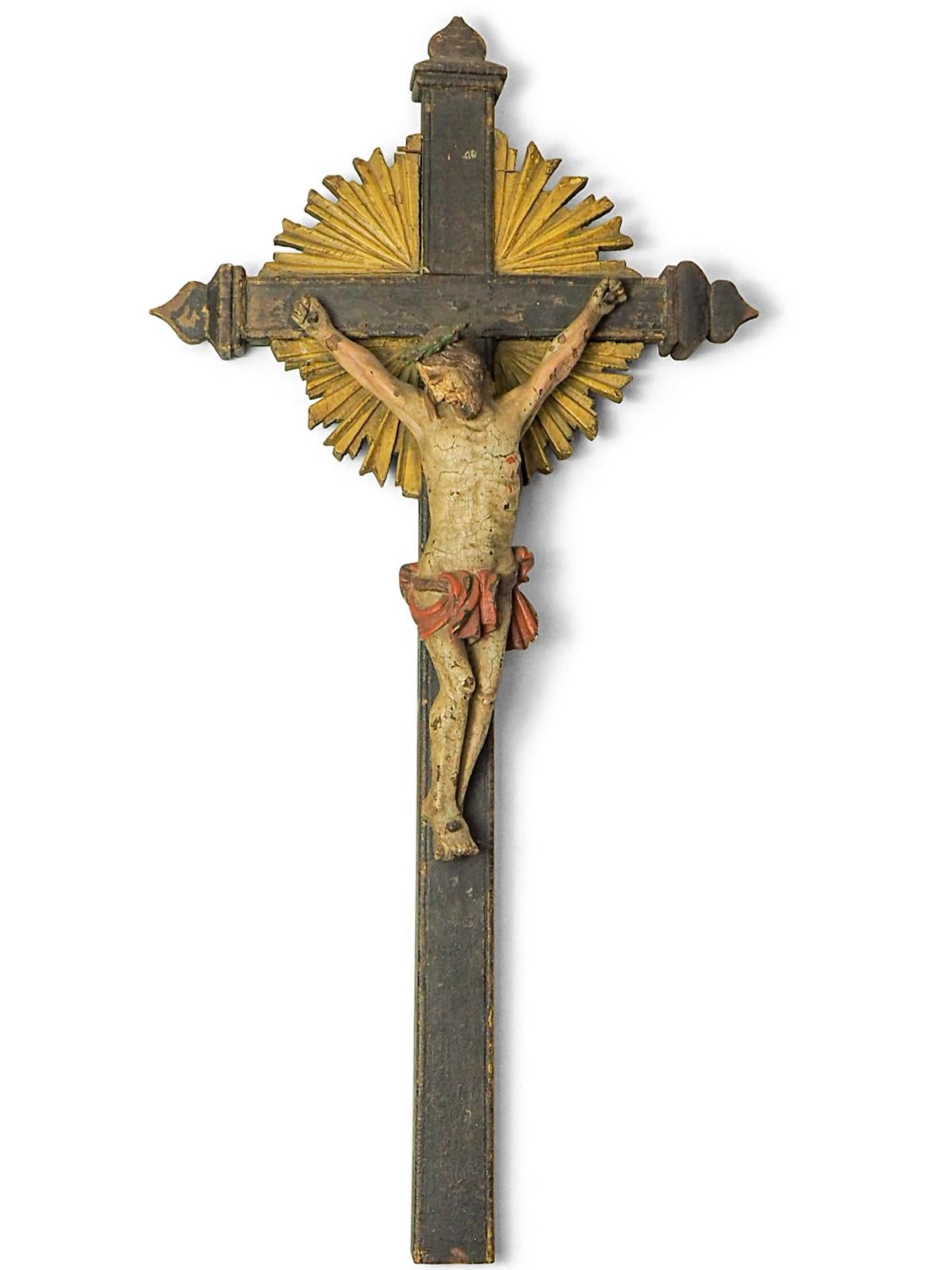 18th Century and Earlier 17th Century Italian Carved Wood Polychrome Corpus Christi Starburst Crucifix/Cr For Sale