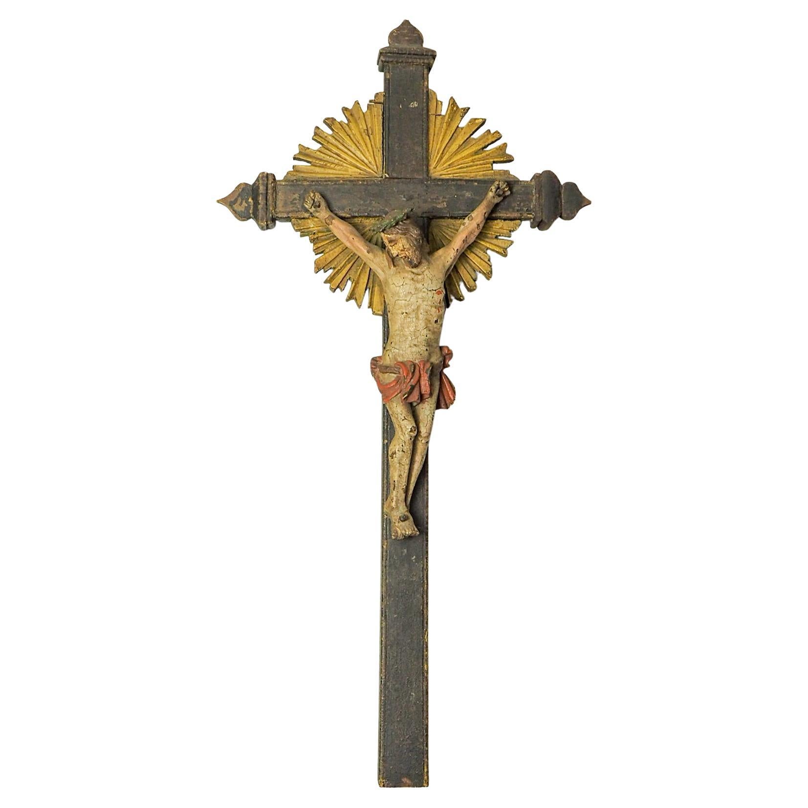 17th Century Italian Carved Wood Polychrome Corpus Christi Starburst Crucifix/Cr For Sale