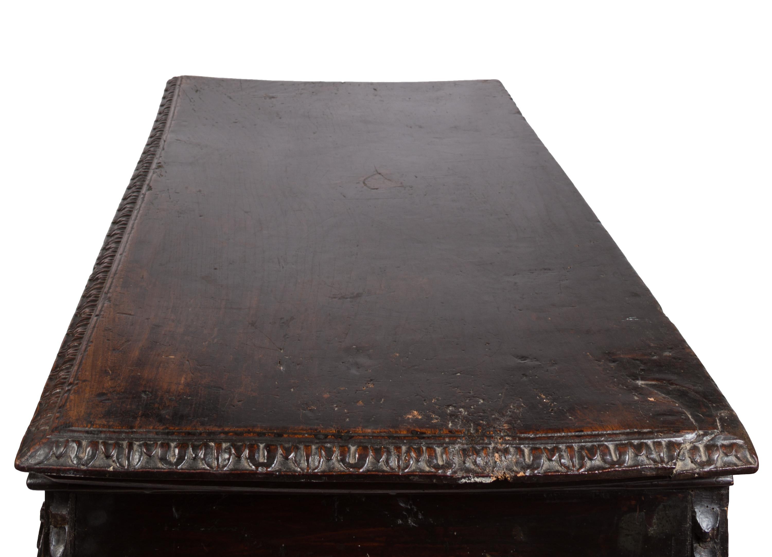 Antique 17th Century Italian Cassone Wedding Chest with Hand-Carved Detailing For Sale 4