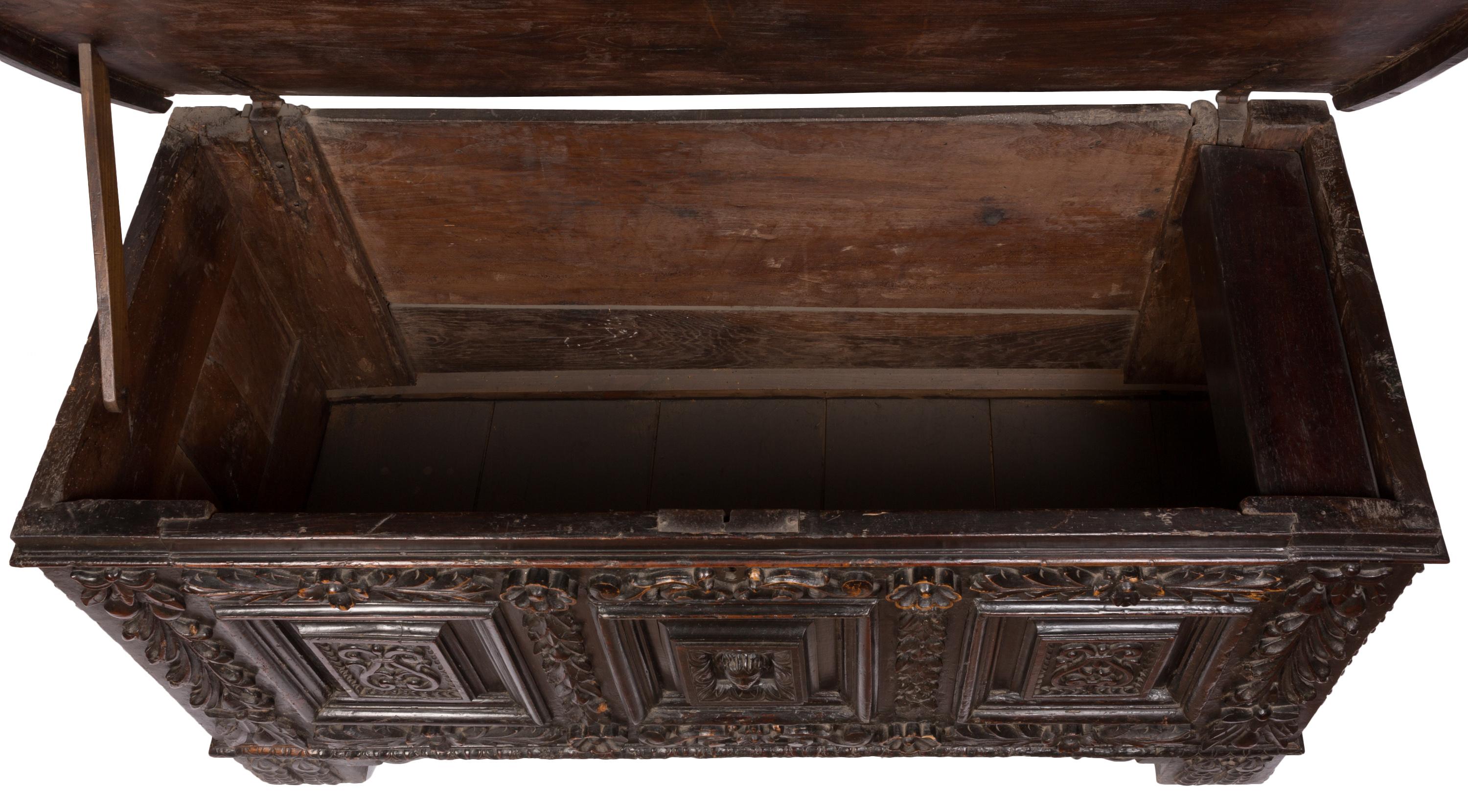 18th Century and Earlier Antique 17th Century Italian Cassone Wedding Chest with Hand-Carved Detailing For Sale