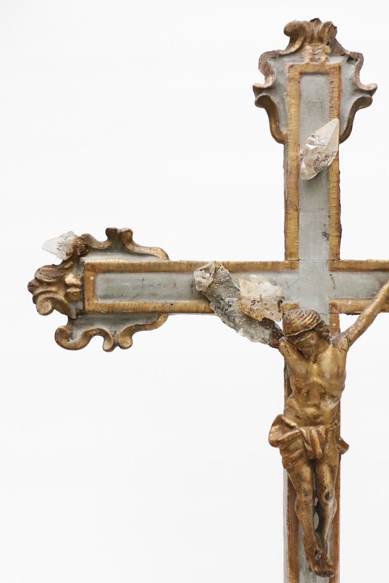 17th Century Italian Crucifix Decorated with Calcite Crystals in Matrix