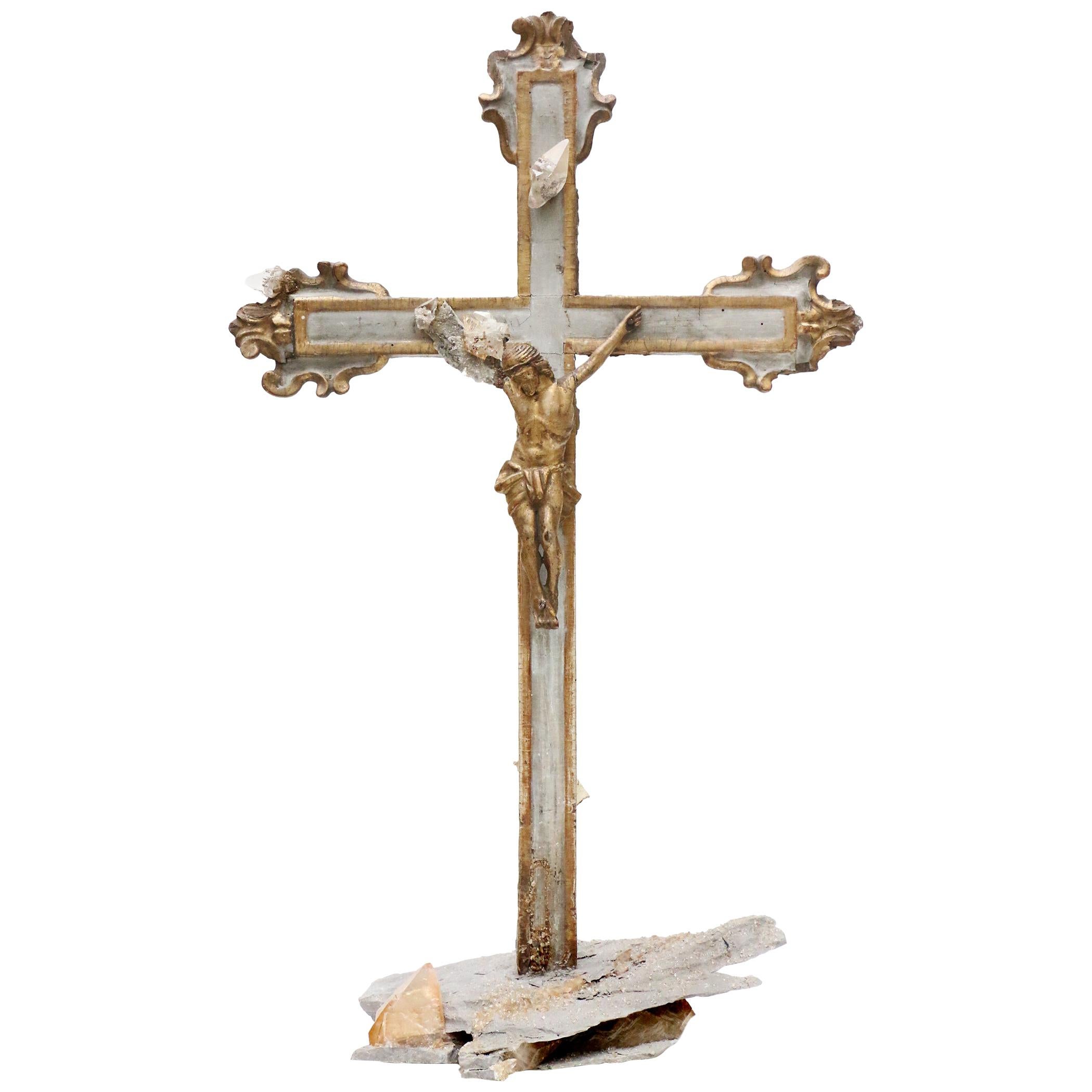 17th Century Italian Crucifix Decorated with Calcite Crystals in Matrix