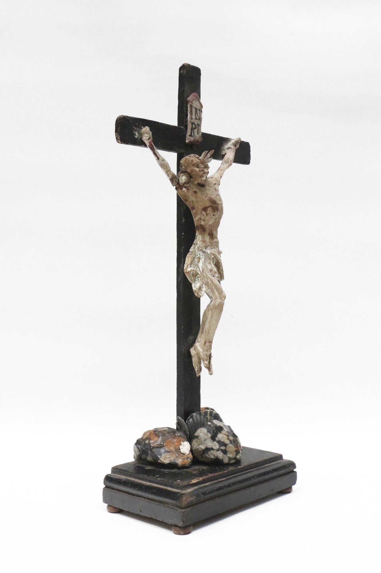 Hand-Carved 17th Century Italian Crucifix 'Venice' with Snowflake Obsidian and Fossil Shells
