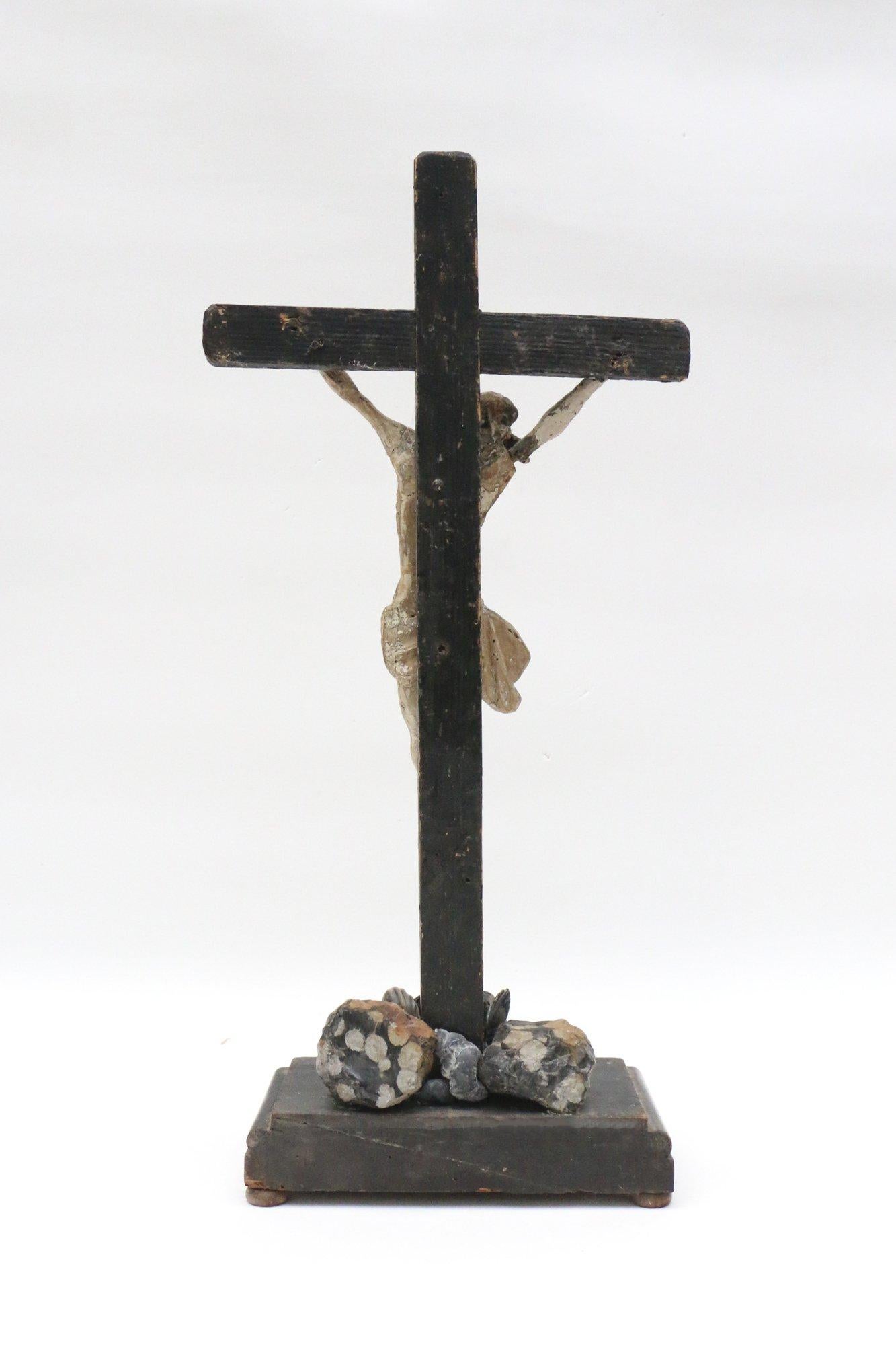 17th Century Italian Crucifix 'Venice' with Snowflake Obsidian and Fossil Shells In Fair Condition In Dublin, Dalkey