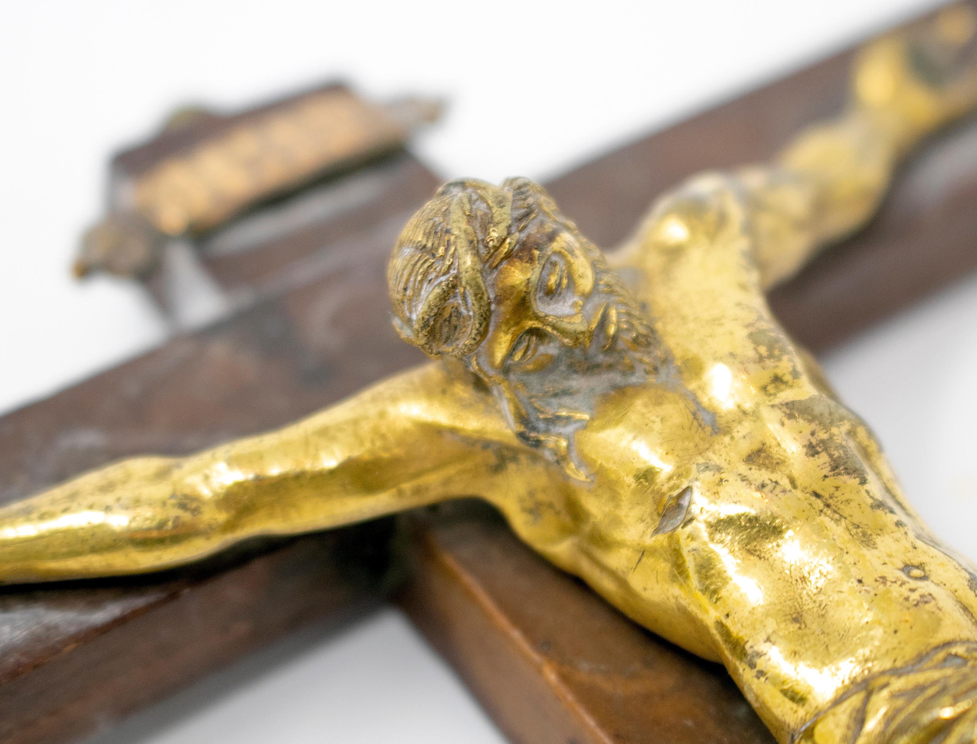 17th Century Italian Crucifix with Golden Bronze Christ on a Wooden Cross 3