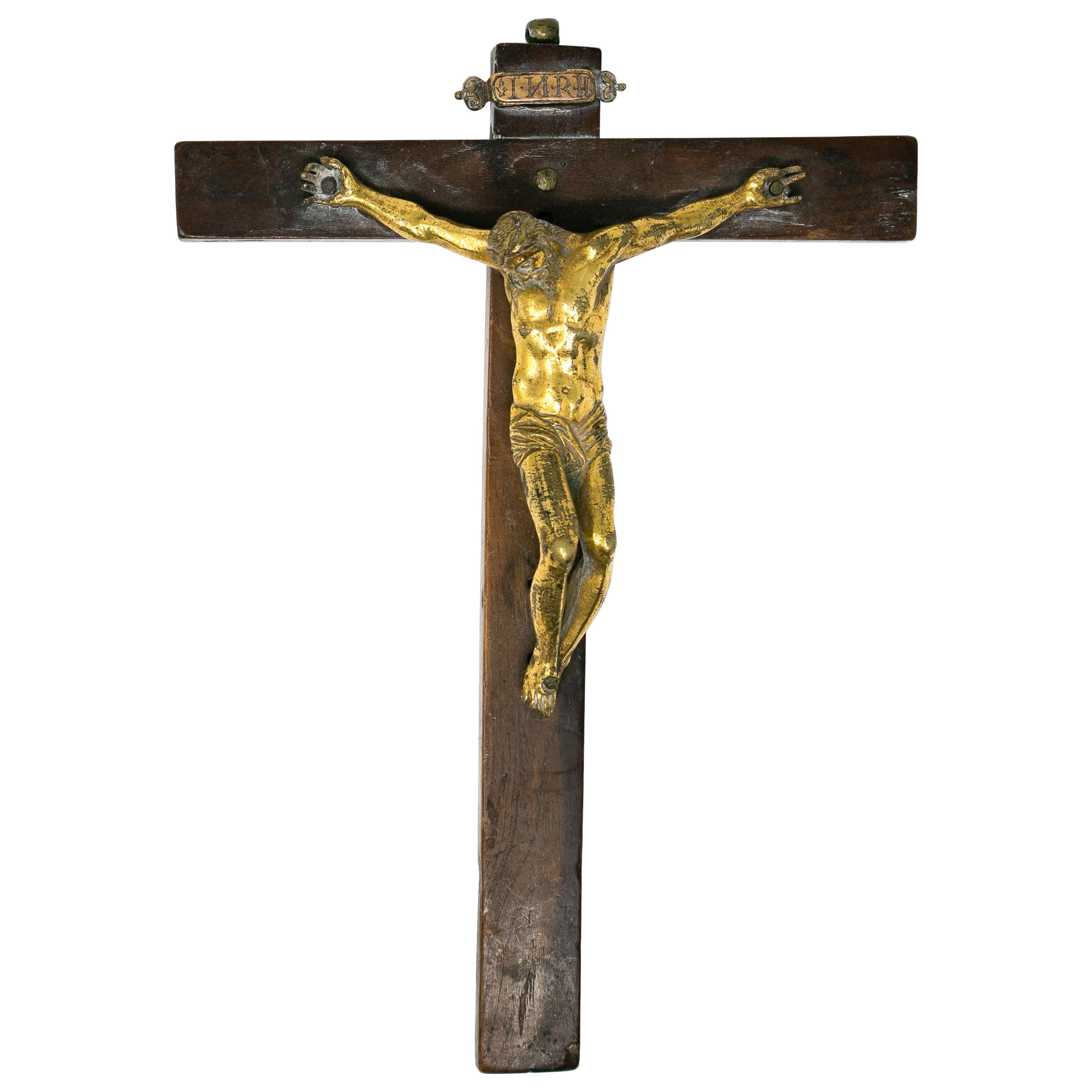17th Century Italian Crucifix with Golden Bronze Christ on a Wooden Cross