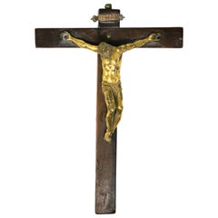 Antique 17th Century Italian Crucifix with Golden Bronze Christ on a Wooden Cross