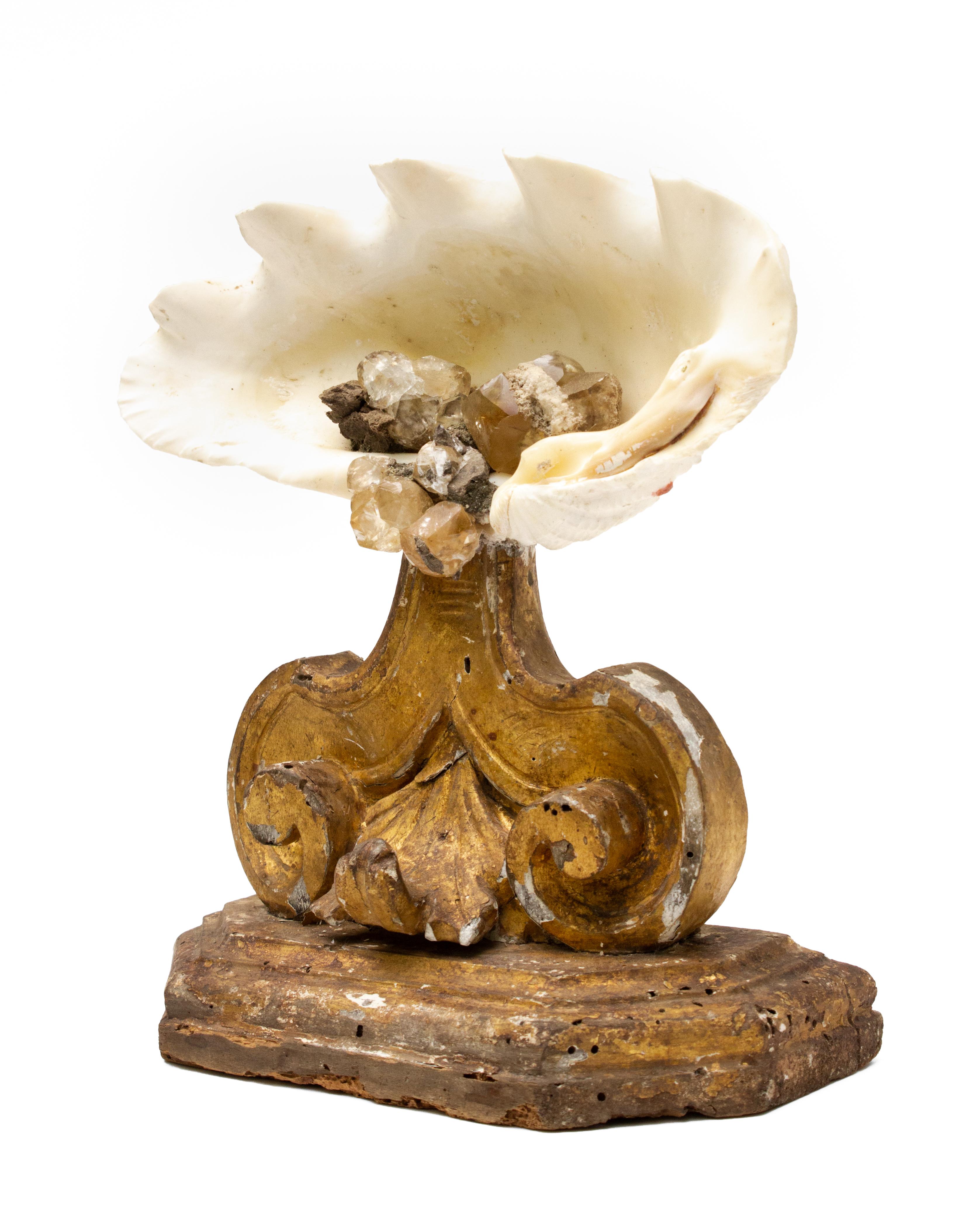 17th century Italian (Tuscan) alter-base decorated with a fossil clam shell and calcite crystal clusters from the Elwood mine (noted in American Mineral Treasure pg. 337).