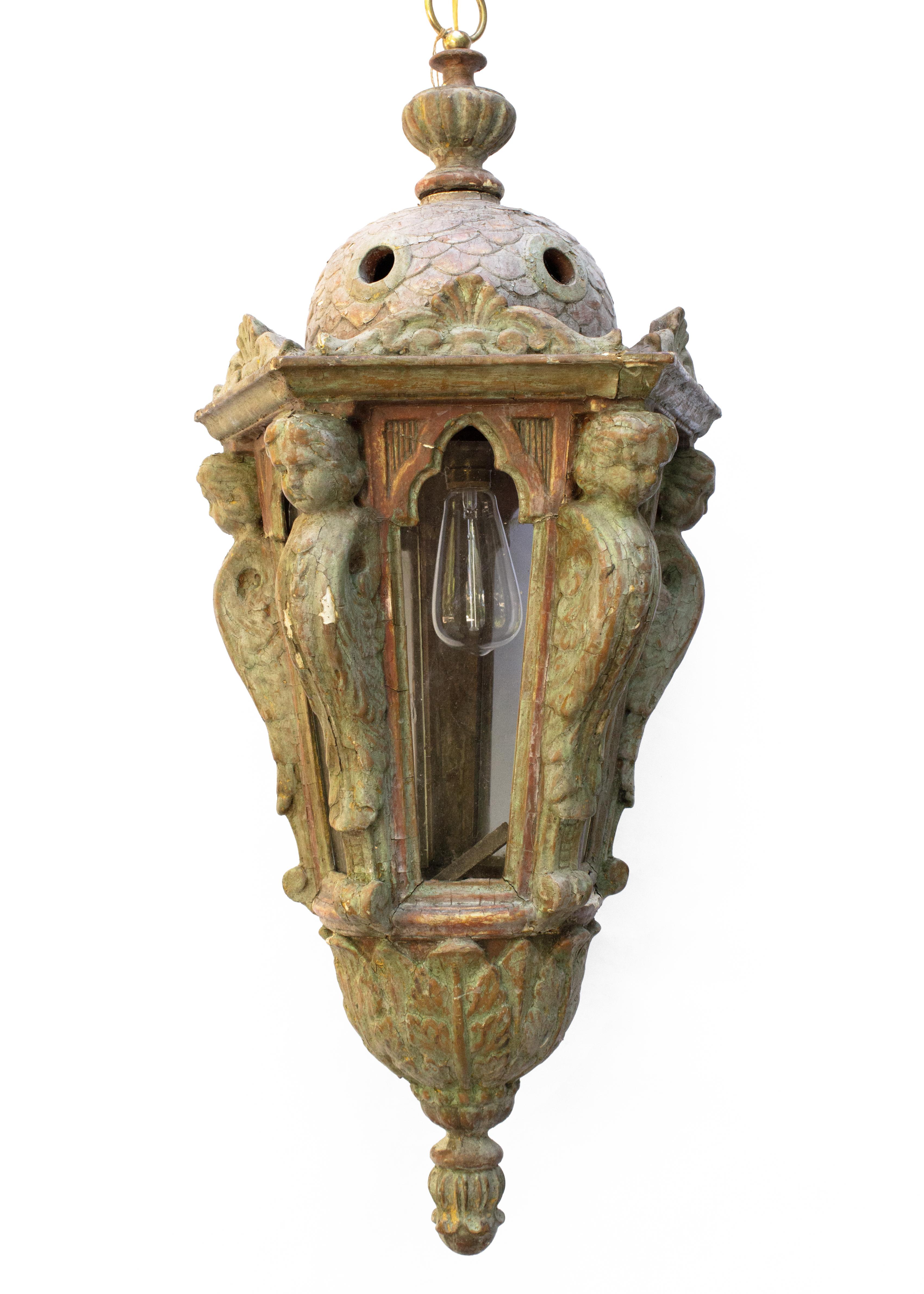 17th century Italian electrified and painted Venetian carved wood lantern.