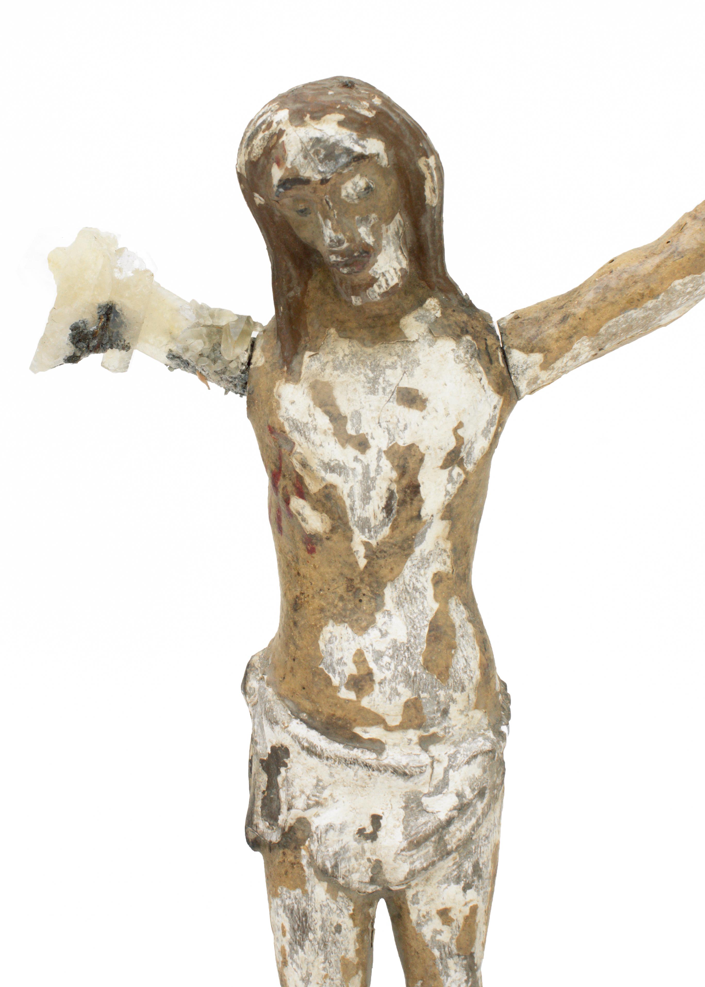 17th century Italian (Tuscan) figure of Christ decorated with calcite crystals on a barite and calcite crystal specimen with chalcopyrite. The hand carved figure of Christ is from a church in Tuscany and the base is a rare mineral combination of