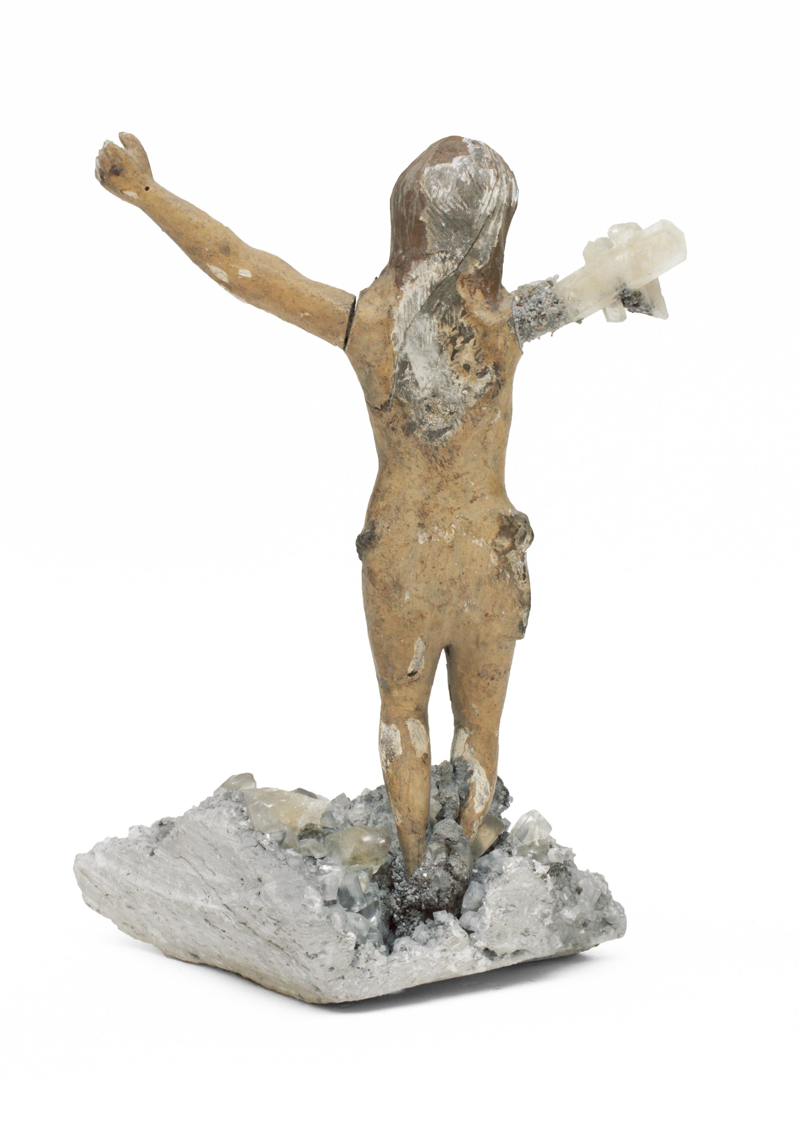 Hand-Carved 17th Century Italian Figure of Christ with Calcite Crystals on Barite & Calcite For Sale