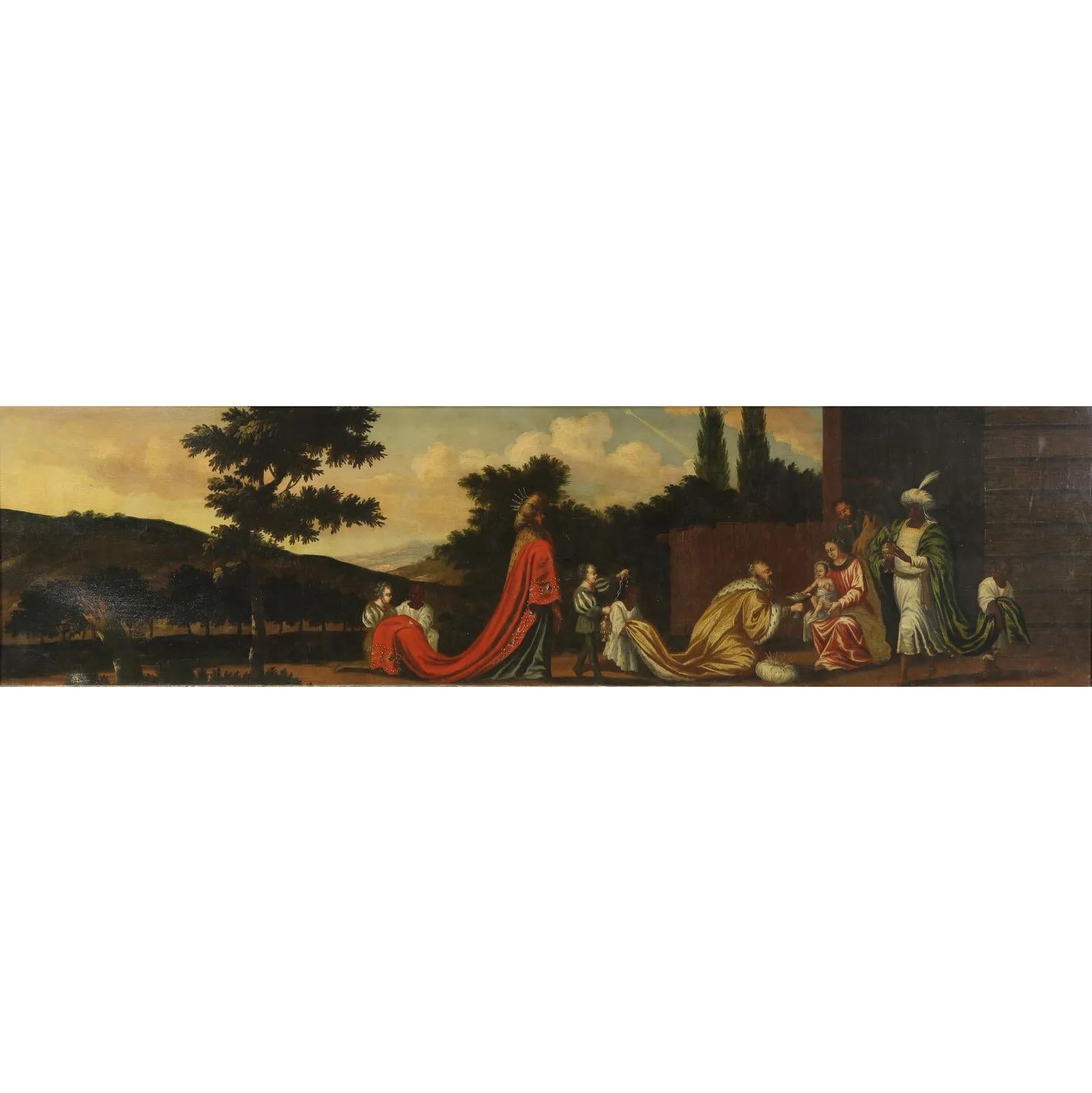 17th Century Italian Flemish oil on canvas painting depicting the Adoration of the Magi. Early Flemish painting was contemporary to the development of the early Renaissance in Italy. In the middle of the 15th century Italy and Flanders were the most
