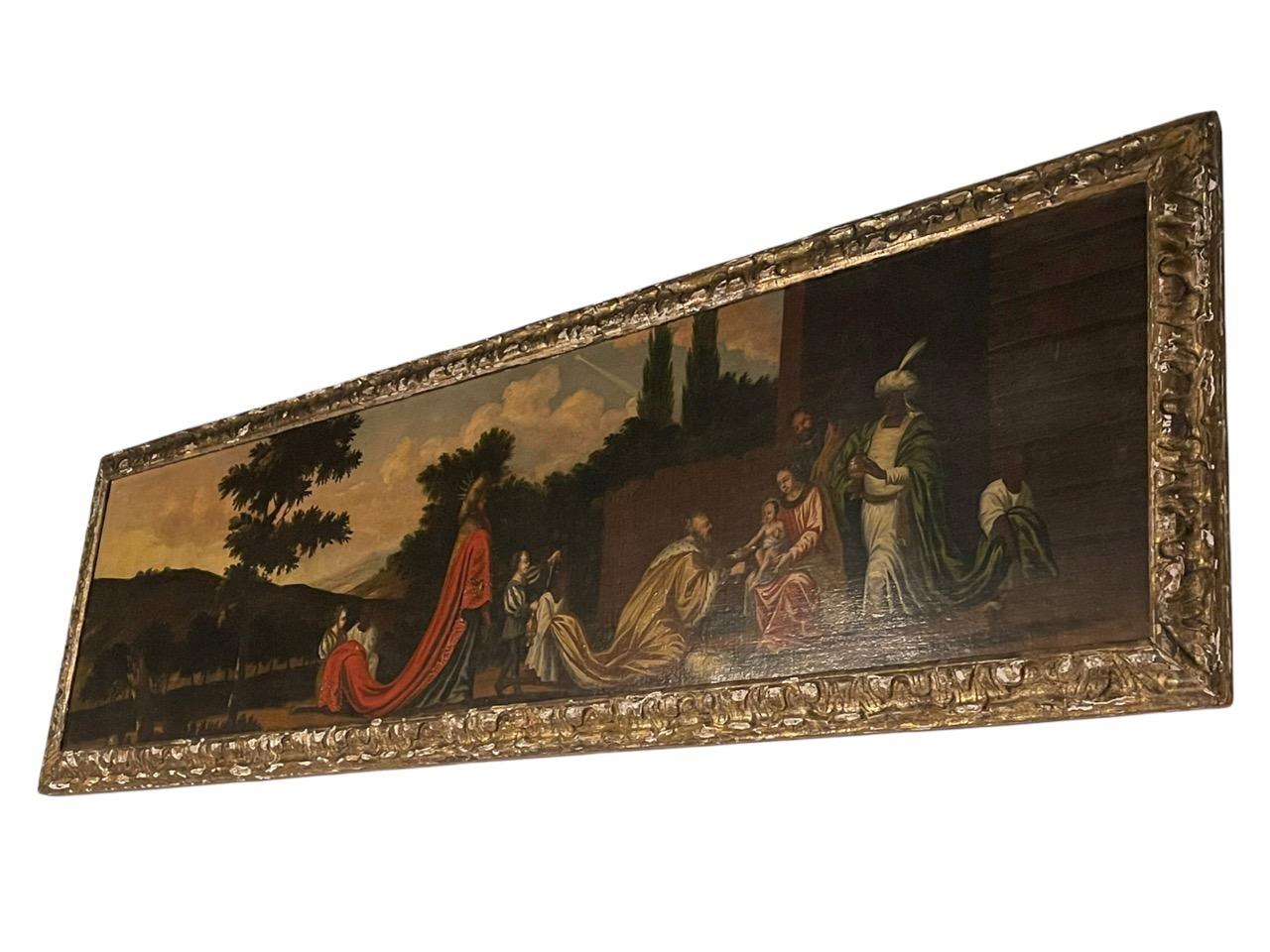 Hand-Carved 17th Century Italian Flemish Oil on Canvas Painting of Adoration of the Magi