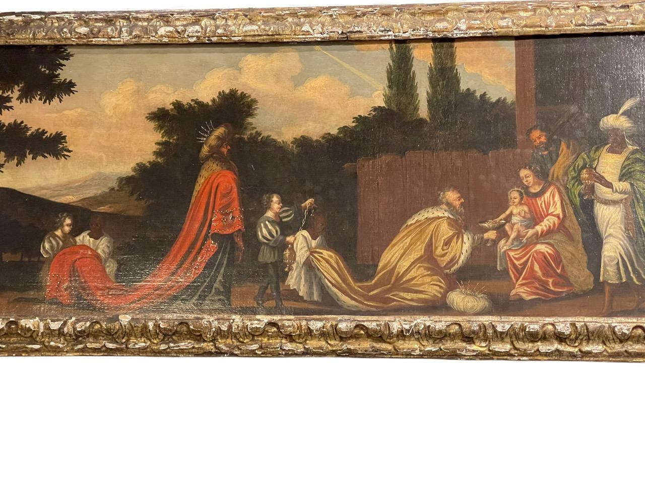17th Century Italian Flemish Oil on Canvas Painting of Adoration of the Magi In Distressed Condition In North Miami, FL