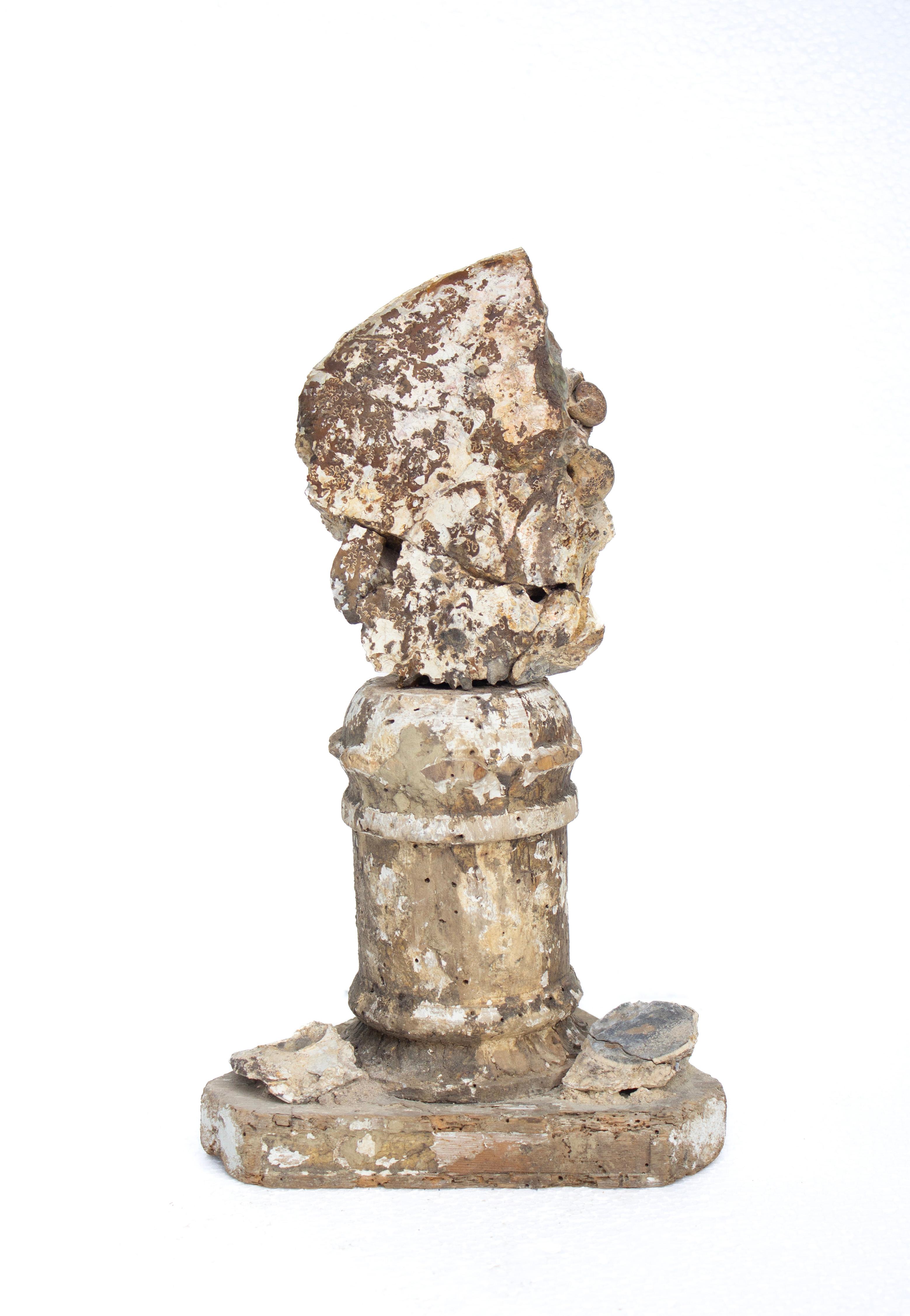 17th Century Italian candlestick base from Tuscany saved from the Florence flood and topped with free formed iridescent ammonite. This fragment is from a church in Florence. It was found and saved from the historic flooding of the Arno River in