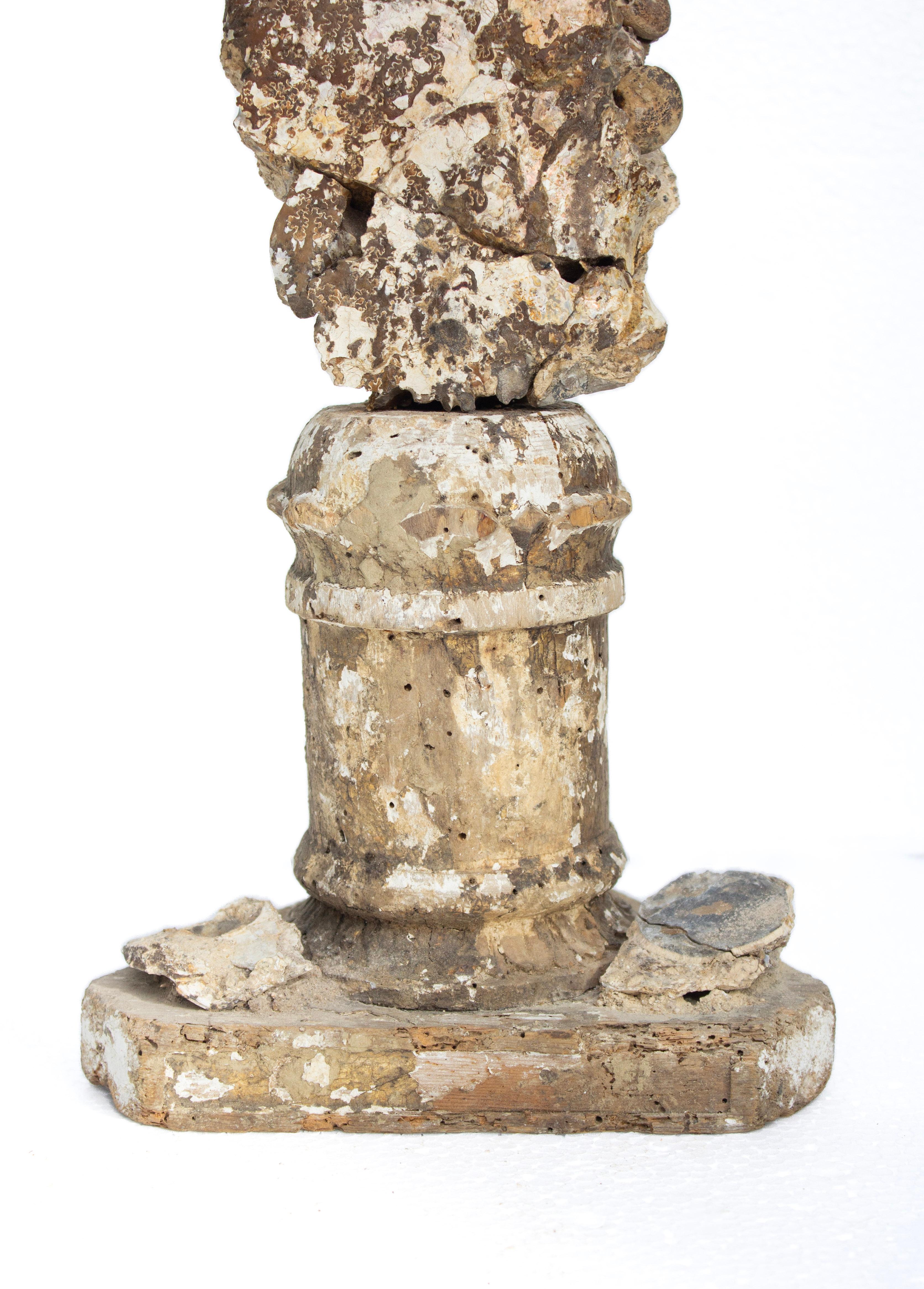 Hand-Carved 17th Century Italian 'Florence Fragment' Candlestick with Iridescent Ammonite For Sale